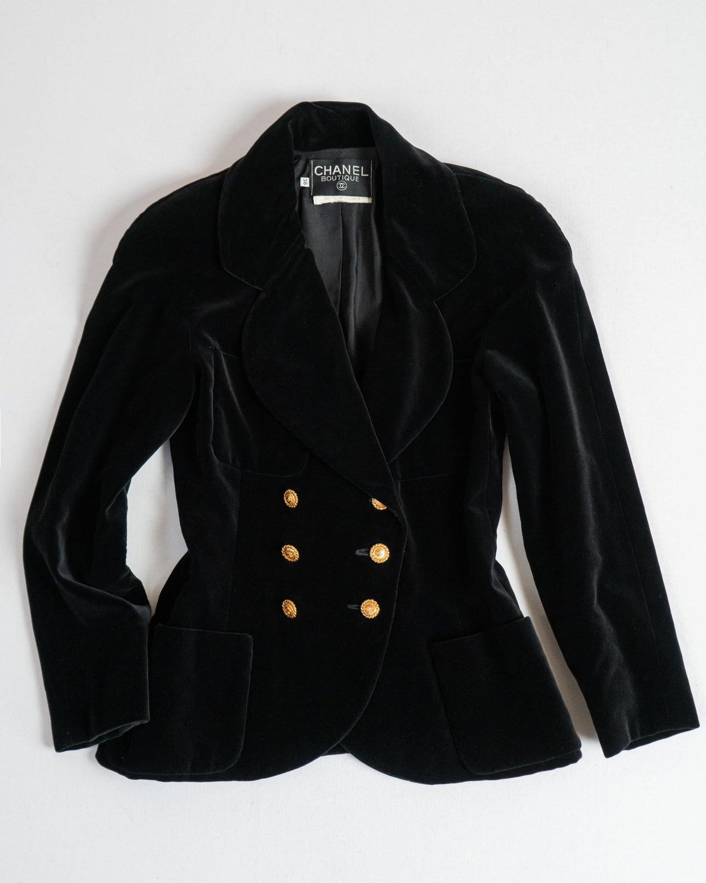 FR34-36 Chanel Fall 1988 Double Breasted Black Velvet Jacket