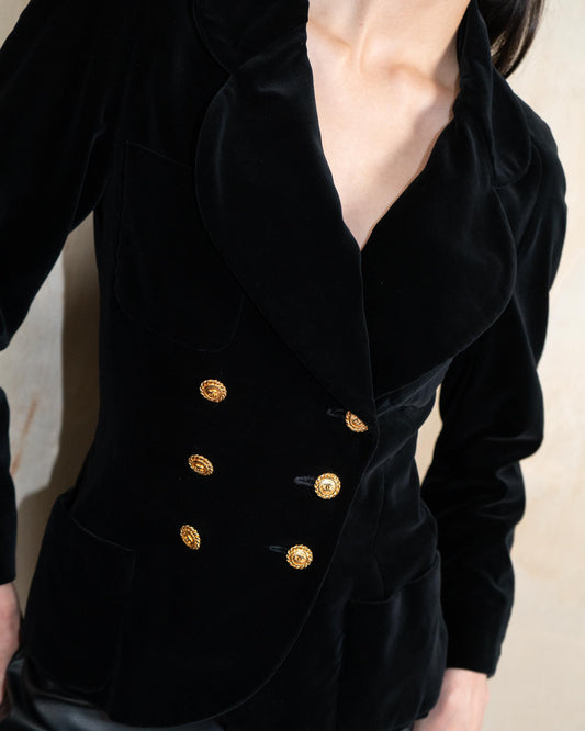 FR34-36 Chanel Fall 1988 Double Breasted Black Velvet Jacket