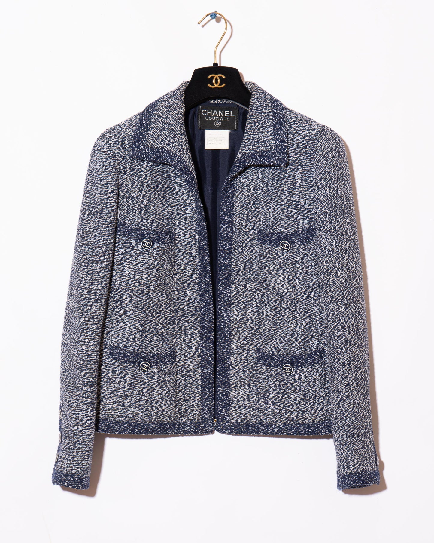 FR36-38 Chanel Cruise 1997 Four Pocket Melange Effect Navy Tweed Jacket