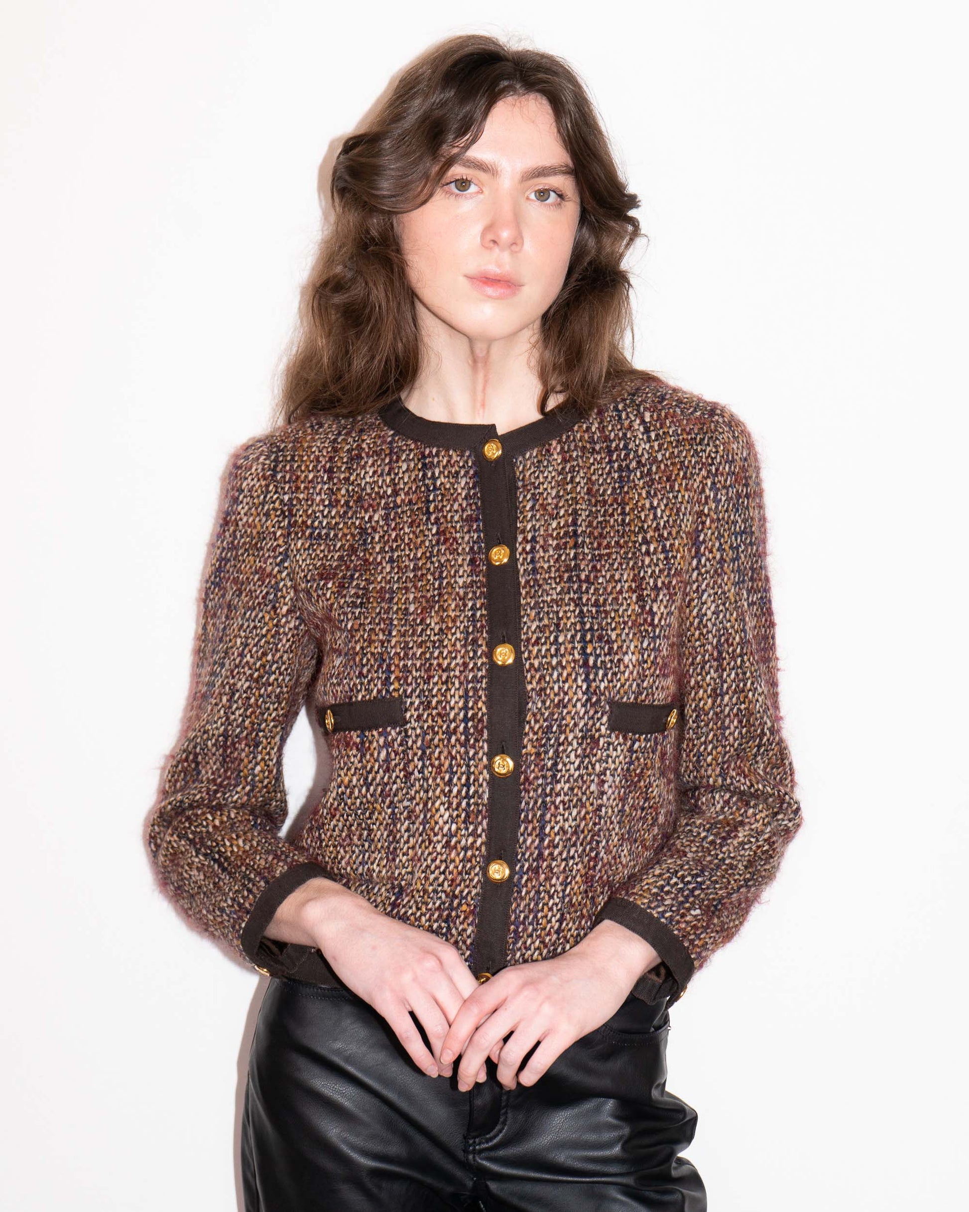 FR36-38 Chanel Early 1990s Two Pocket Collarless Wool-Mohair Tweed Jacket - Vintage Chanel Jacket -   - Rarchive.