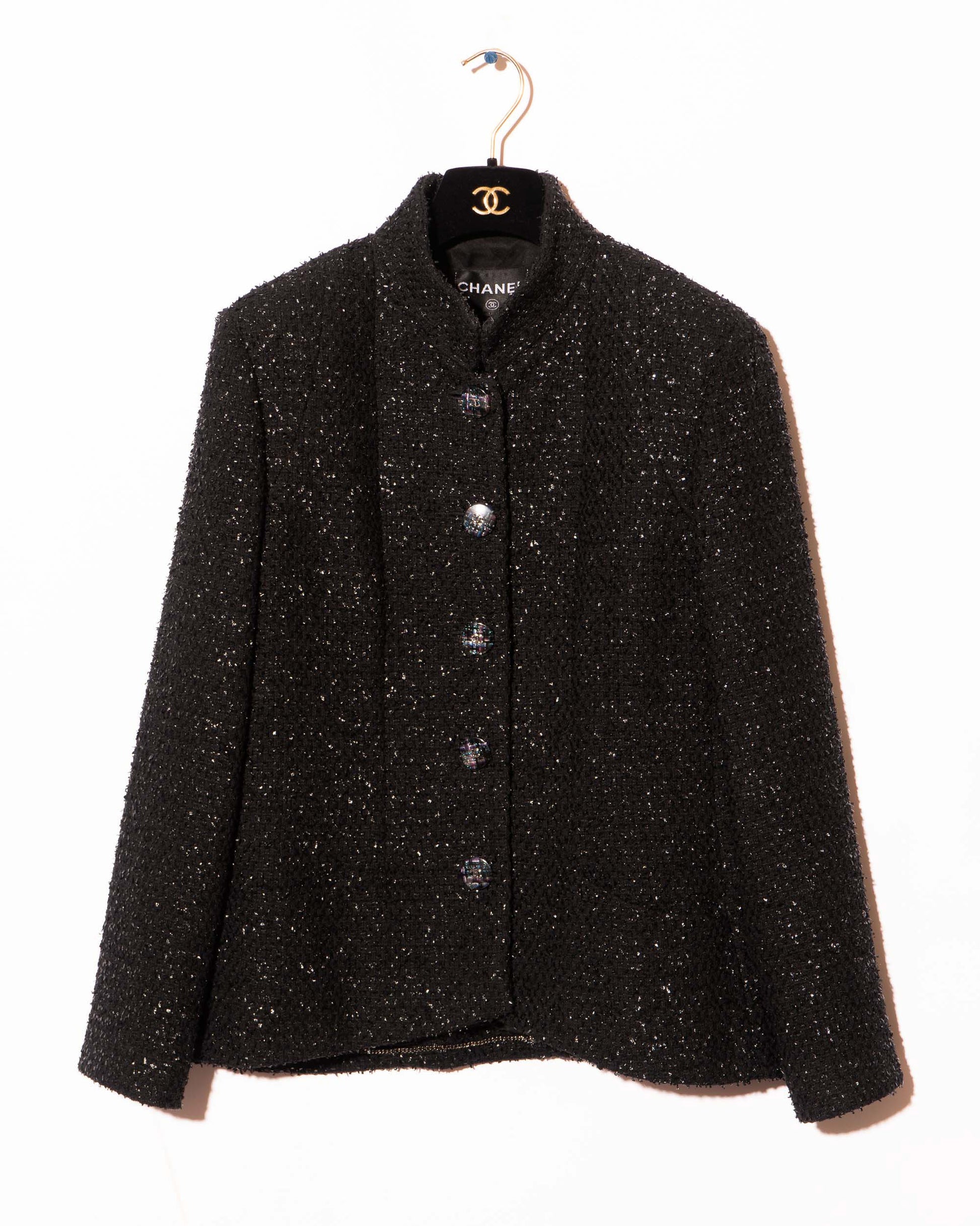 FR40-42 Chanel Spring 2019 Classic High Collar Two Pocket Black Fantasy Tweed Jacket - Vintage Chanel Jacket -   - Rarchive.