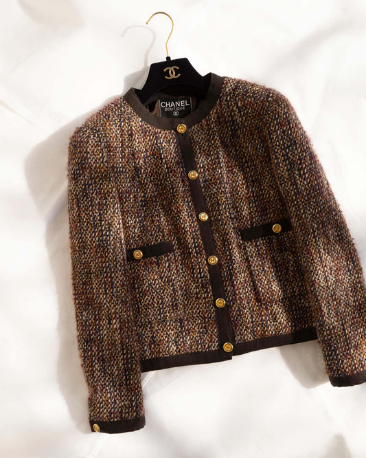 FR36-38 Chanel Early 1990s Two Pocket Collarless Wool-Mohair Tweed Jacket - Vintage Chanel Jacket -   - Rarchive.