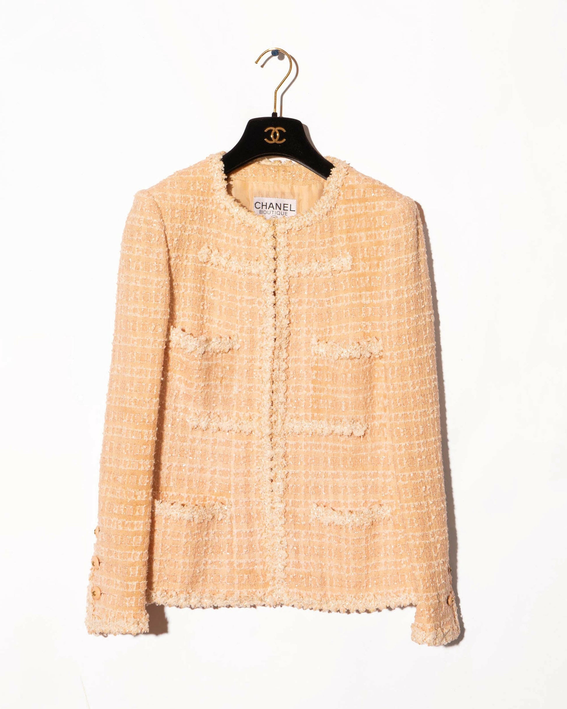 FR38-40 Rare Chanel Cruise 1995 Four Pocketed Tweed Boucle Jacket in Pink and Cream - Vintage Chanel Jacket -   - Rarchive.