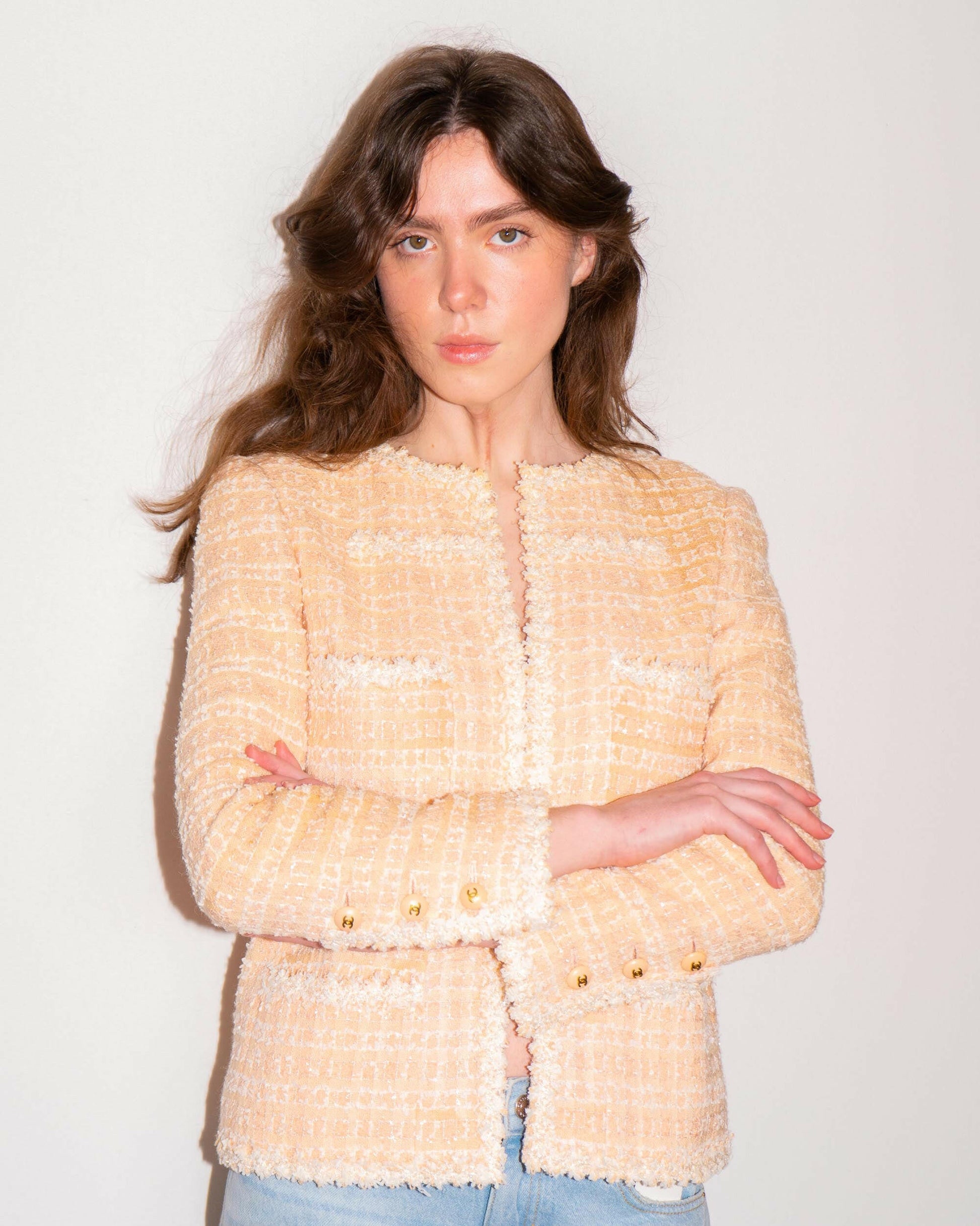 FR38-40 Rare Chanel Cruise 1995 Four Pocketed Tweed Boucle Jacket in Pink and Cream - Vintage Chanel Jacket -   - Rarchive.