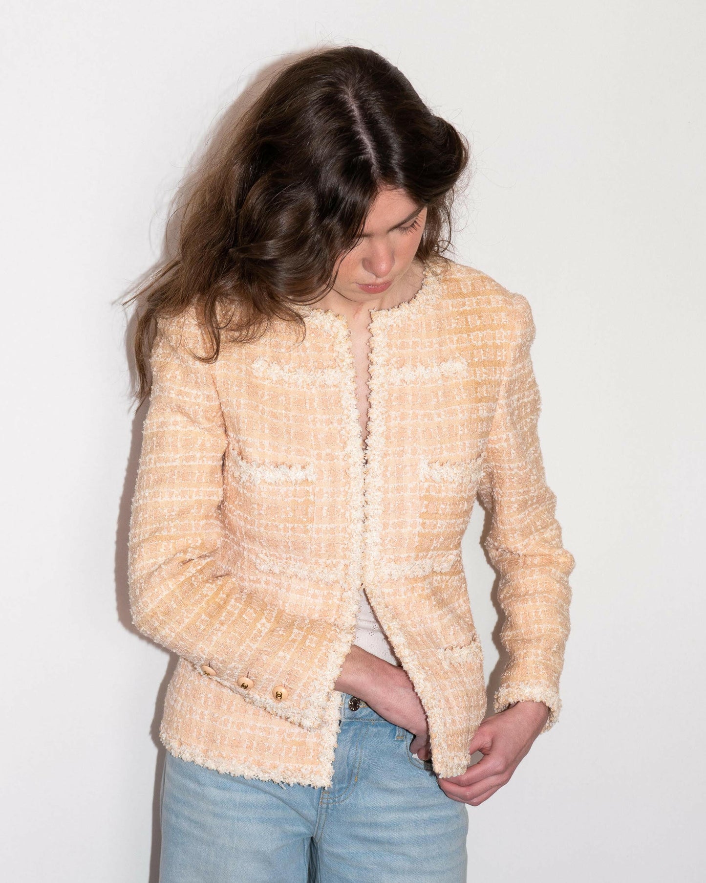 FR38-40 Rare Chanel Cruise 1995 Four Pocketed Tweed Boucle Jacket in Pink and Cream - Vintage Chanel Jacket -   - Rarchive.