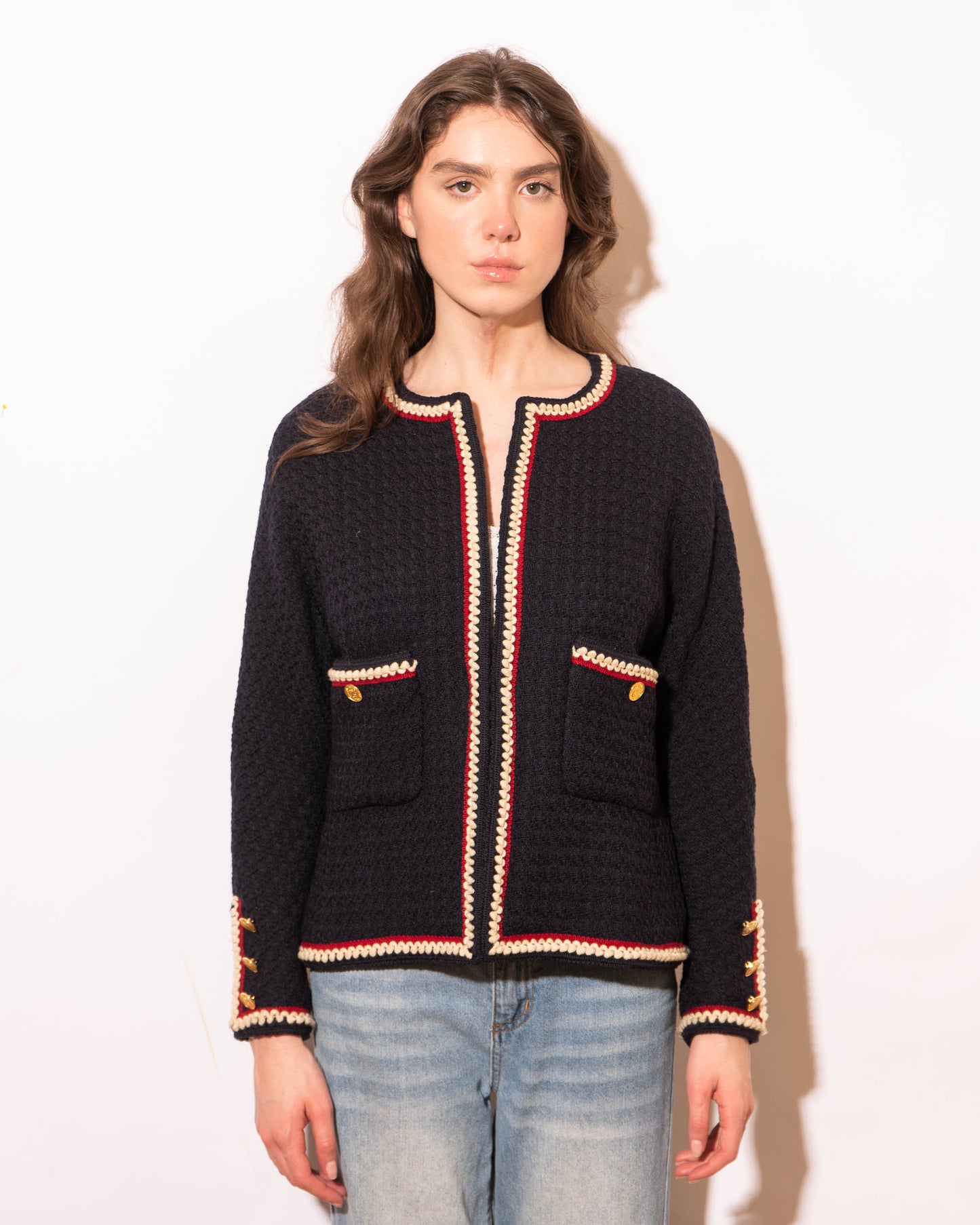 FR38-40 Rare Chanel Spring 1987 Collarless Cut Two Pocket Contrasting Trim Navy Tweed Jacket