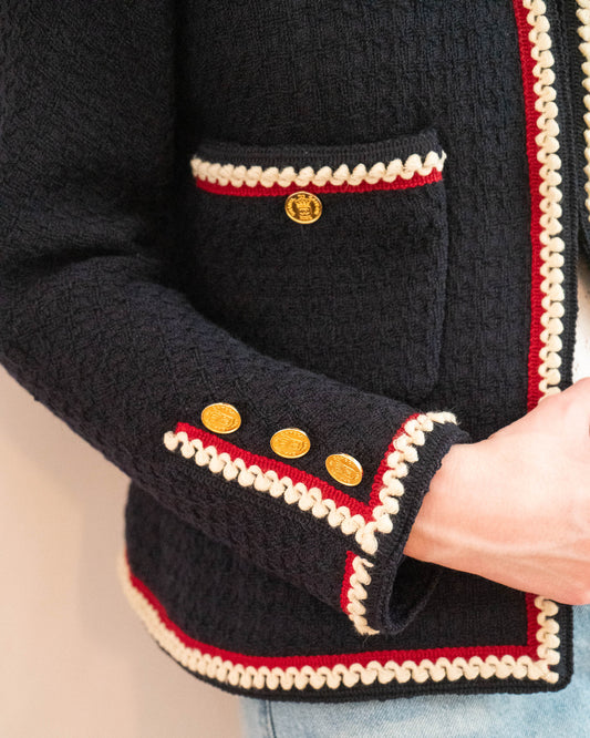 FR38-40 Rare Chanel Spring 1987 Collarless Cut Two Pocket Contrasting Trim Navy Tweed Jacket