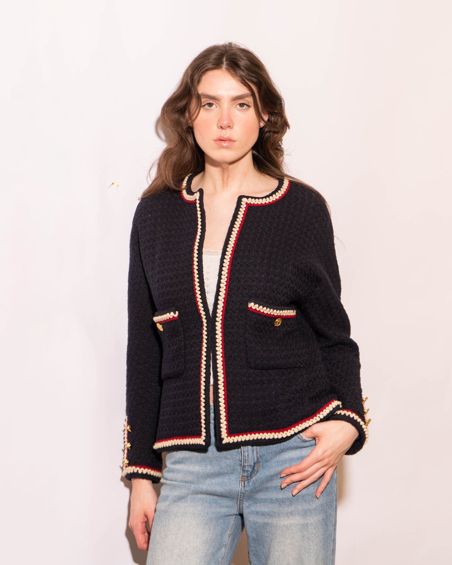 FR38-40 Rare Chanel Spring 1987 Collarless Cut Two Pocket Contrasting Trim Navy Tweed Jacket