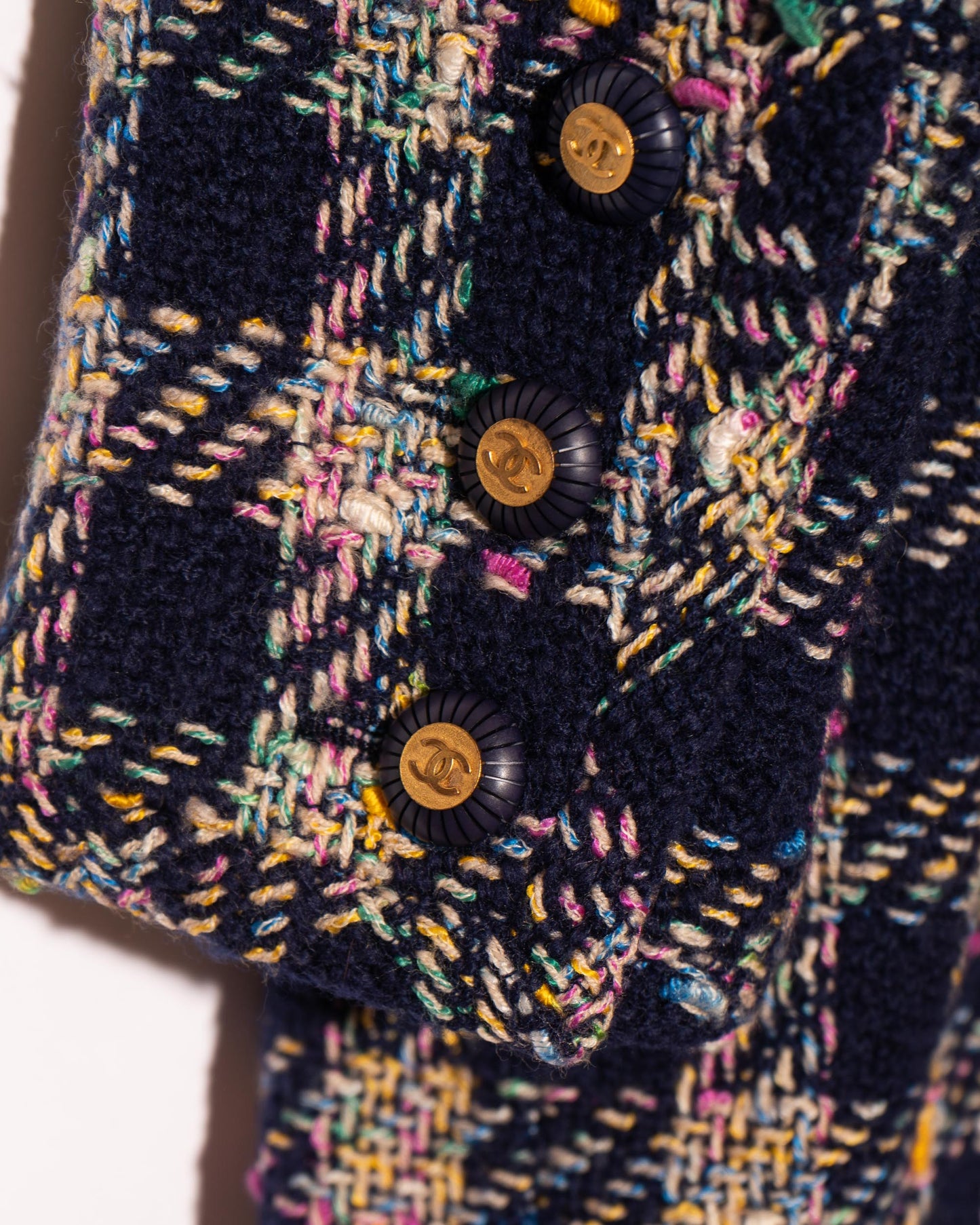 FR40-42 Rare Chanel Spring 1993 Four Pocket Navy Base with Multicolor Thread Tweed Jacket