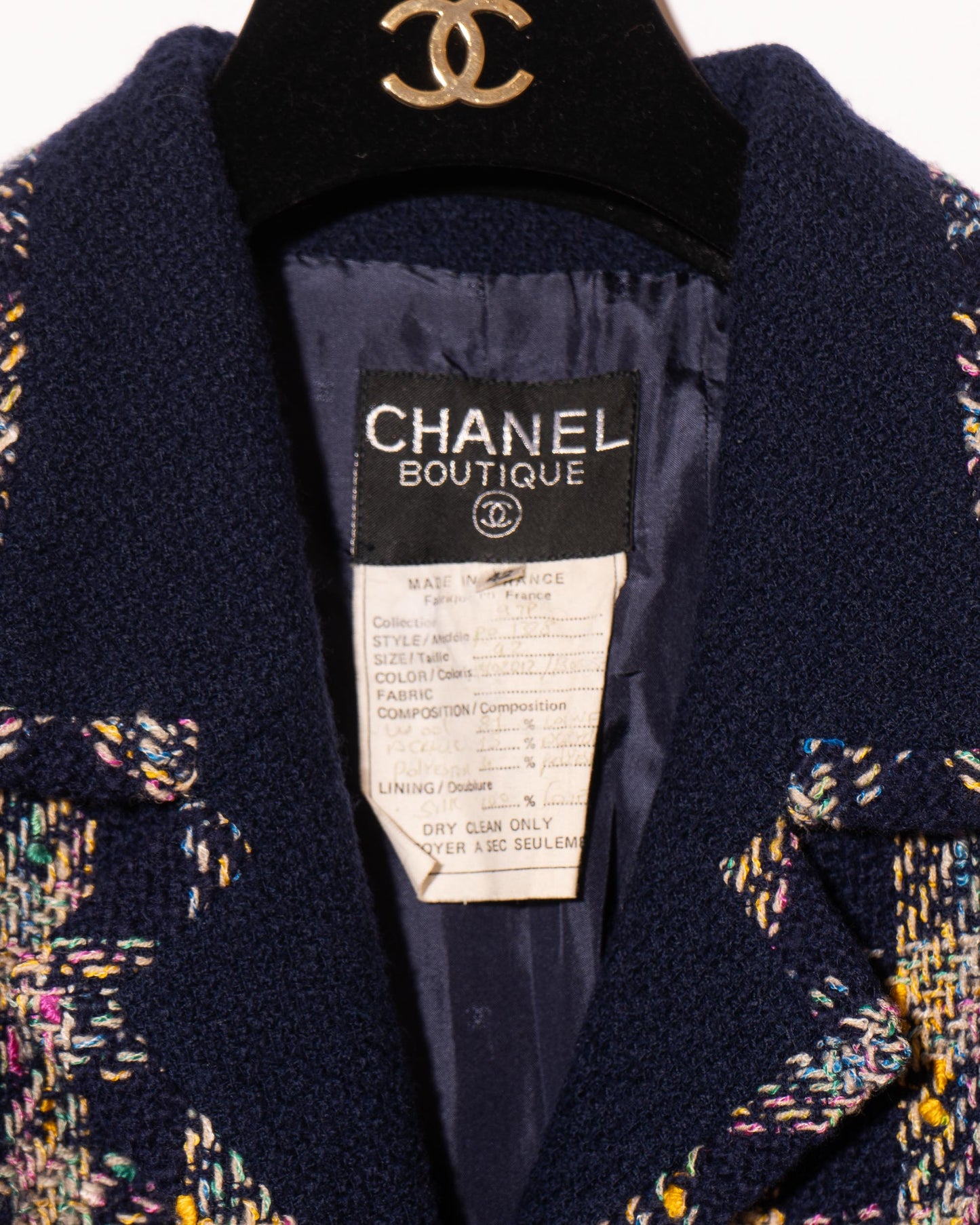 FR40-42 Rare Chanel Spring 1993 Four Pocket Navy Base with Multicolor Thread Tweed Jacket