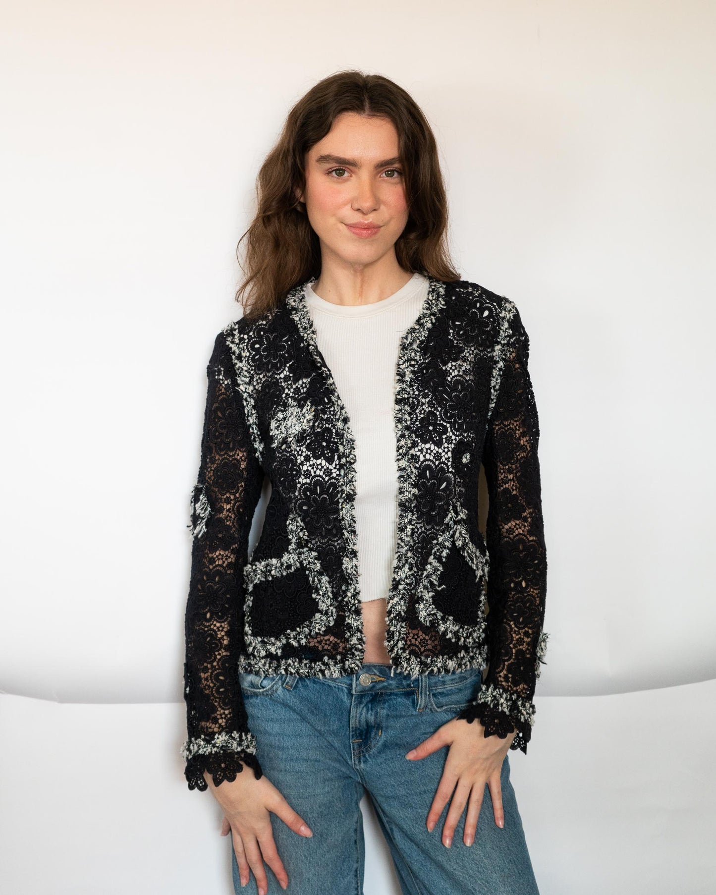 FR38-40 Chanel Spring 2004 Collarless Two Pocket Contrasting Trim Black Floral Lace Jacket - Vintage Chanel Jacket -   - Rarchive.