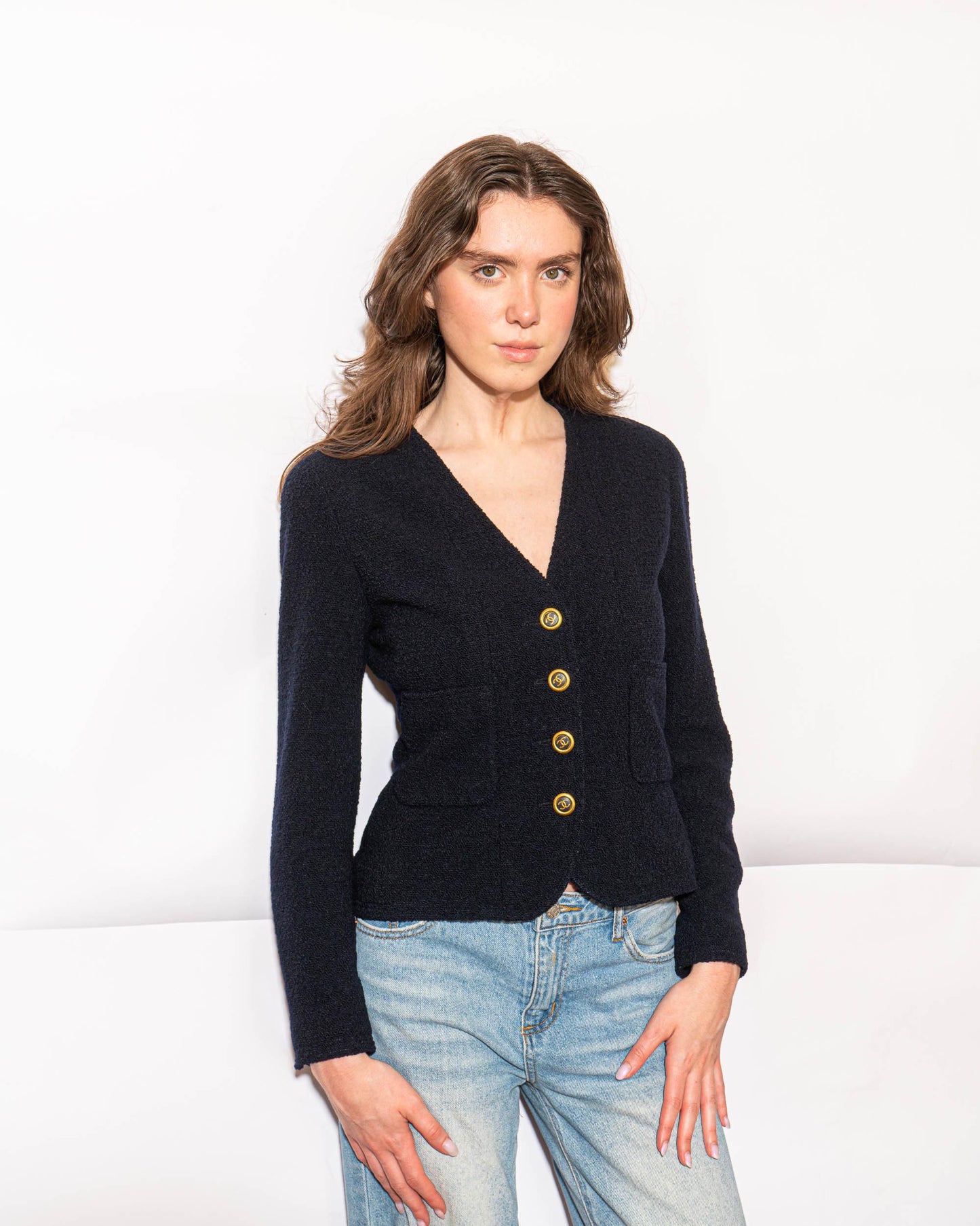 FR34-36 Chanel Spring 1993 Two Pocket Navy Tweed Boucle Jacket