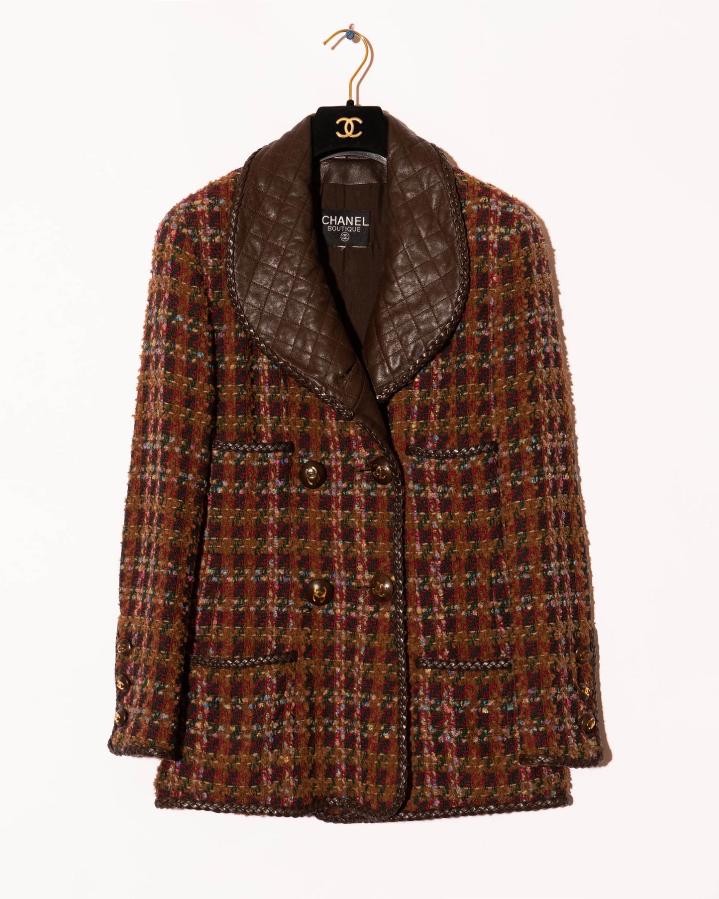 FR40-42 Rare Chanel Fall 1992 Double Breasted Four Pocket Leather Detailing Fantasy Tweed Jacket