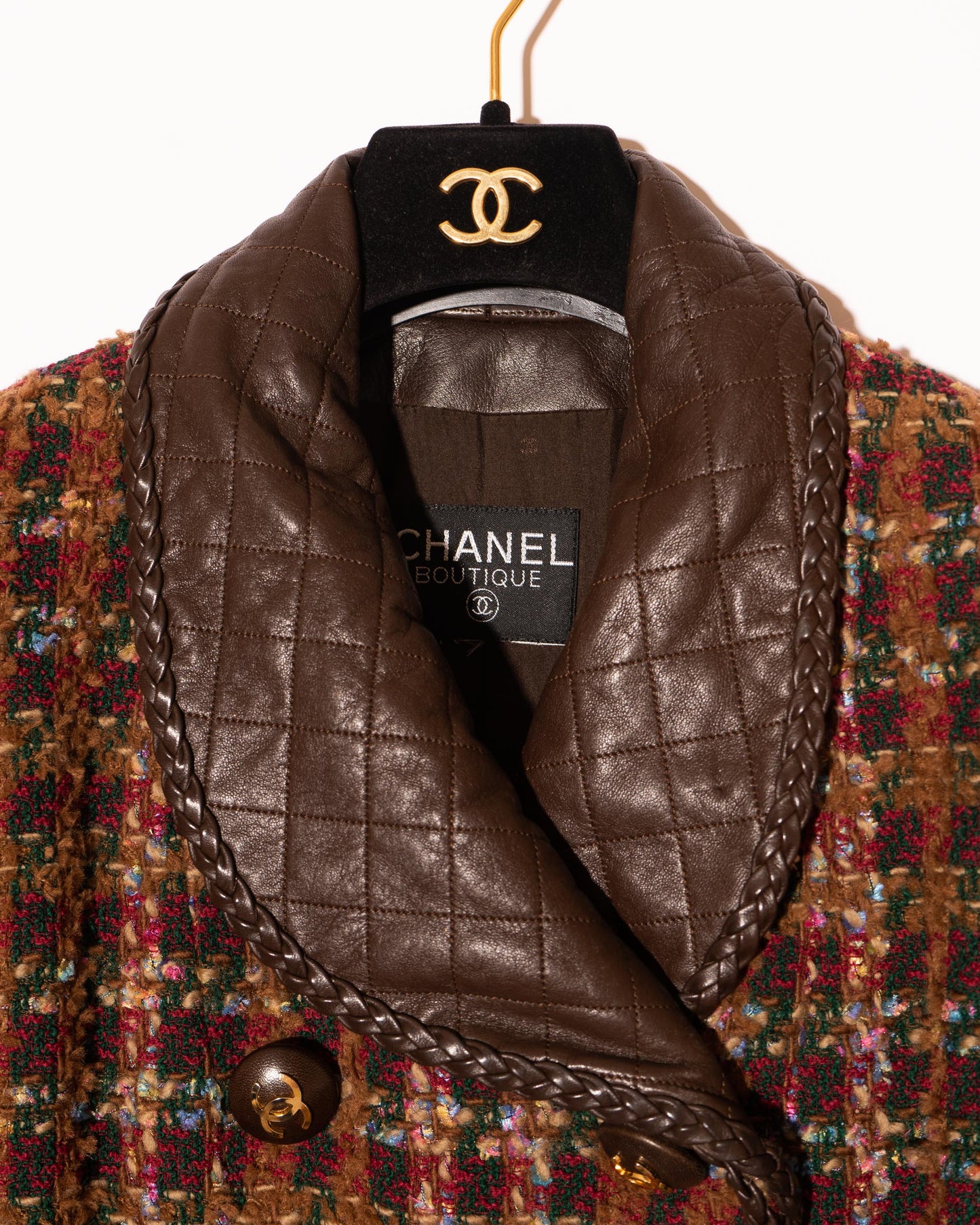 FR40-42 Rare Chanel Fall 1992 Double Breasted Four Pocket Leather Detailing Fantasy Tweed Jacket