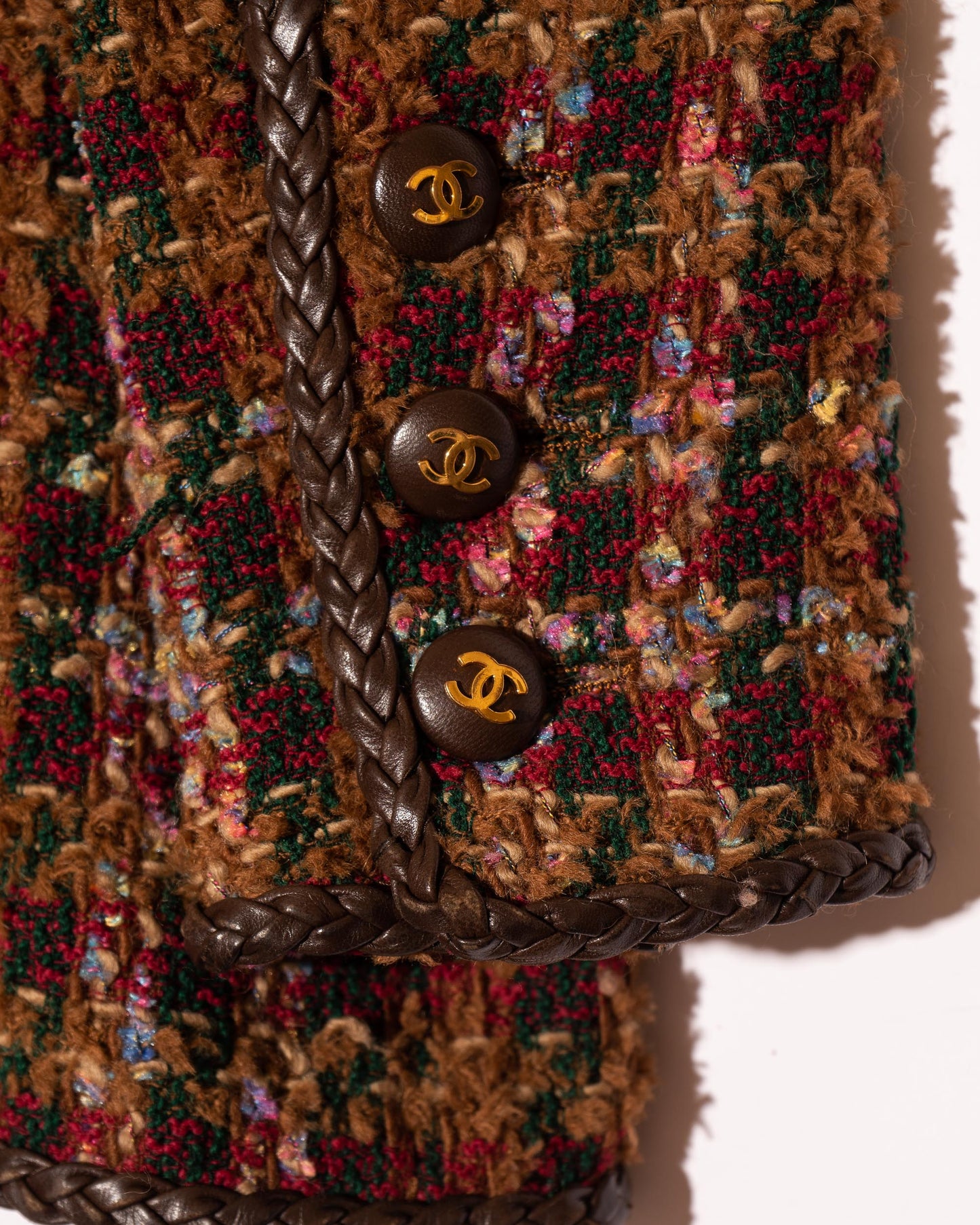 FR40-42 Rare Chanel Fall 1992 Double Breasted Four Pocket Leather Detailing Fantasy Tweed Jacket