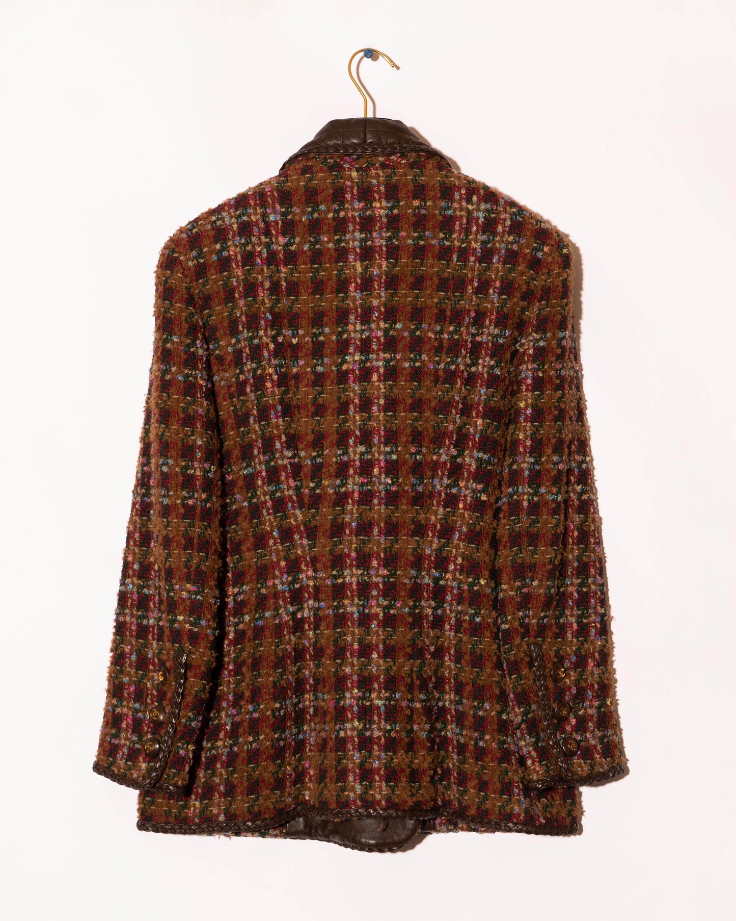 FR40-42 Rare Chanel Fall 1992 Double Breasted Four Pocket Leather Detailing Fantasy Tweed Jacket