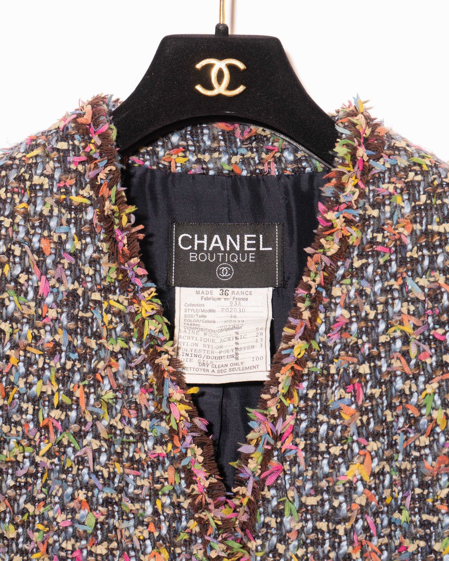 FR 36 Rare Chanel Fall 1993 Two Pocket Multicolor Fantasy Tweed Jacket
