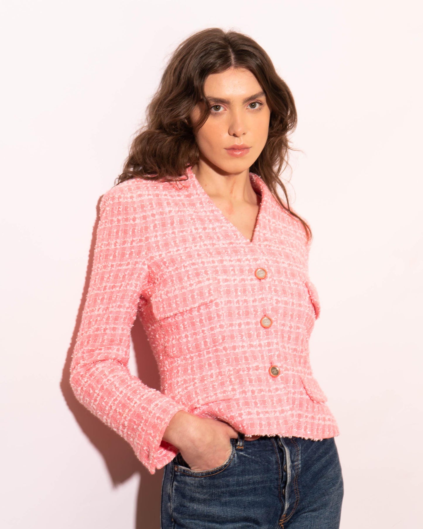 FR34-36 Rare Chanel Cruise 1995 Mirror Center Button Four Pocket Pink Fantasy Tweed Jacket