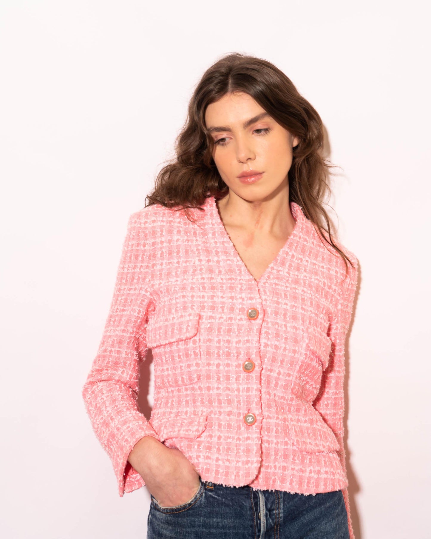 FR34-36 Rare Chanel Cruise 1995 Mirror Center Button Four Pocket Pink Fantasy Tweed Jacket