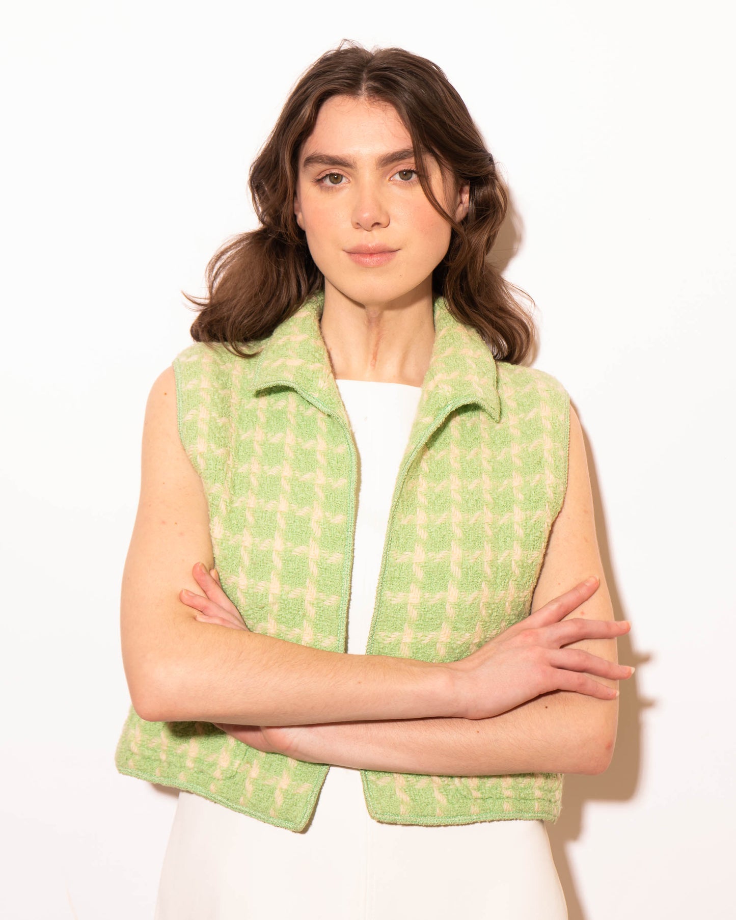 FR36-38 Rare Chanel Spring 1996 Two Pocket Green and Off White Wool Vest - Vintage Chanel Jacket -   - Rarchive.
