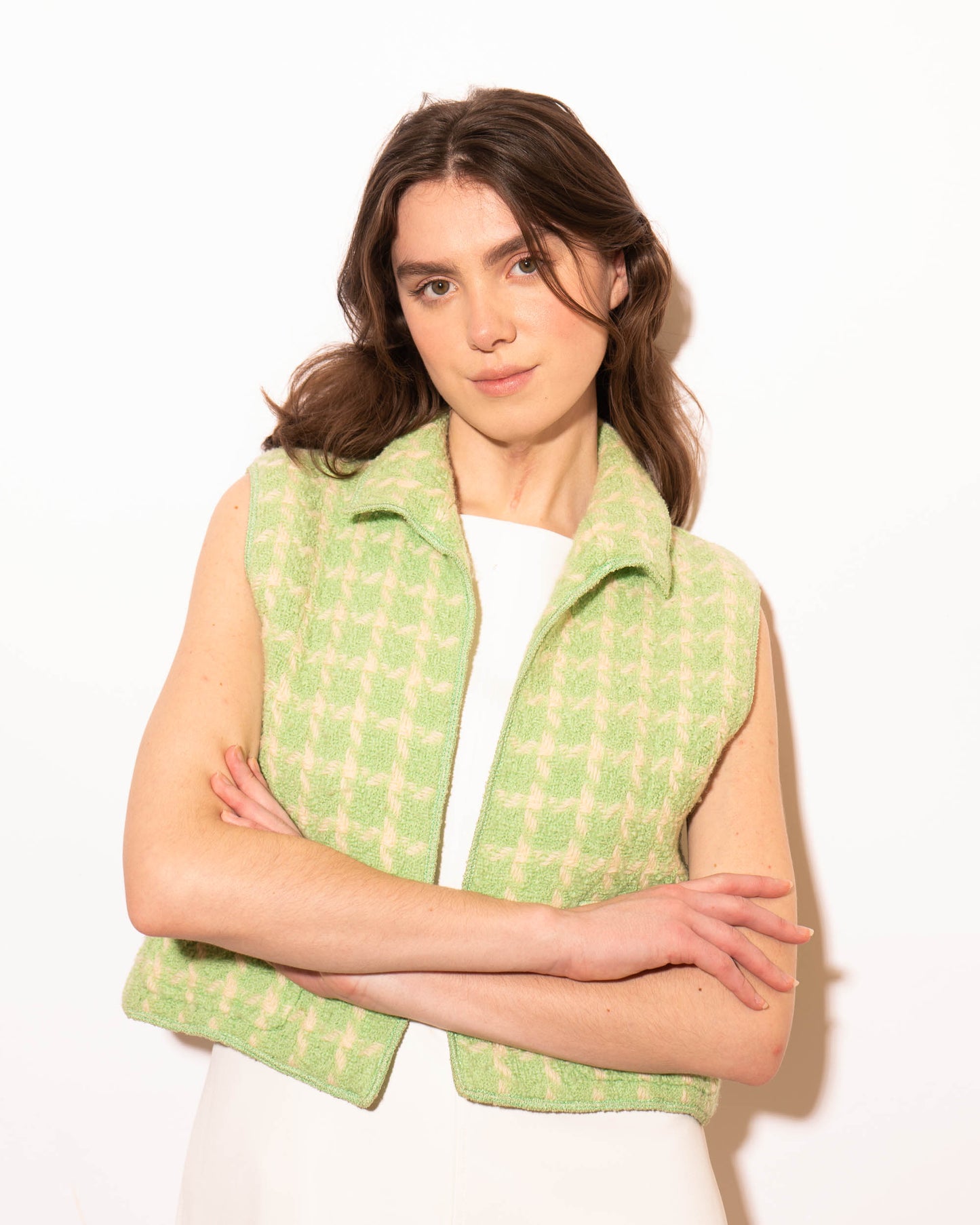 FR36-38 Rare Chanel Spring 1996 Two Pocket Green and Off White Wool Vest - Vintage Chanel Jacket -   - Rarchive.