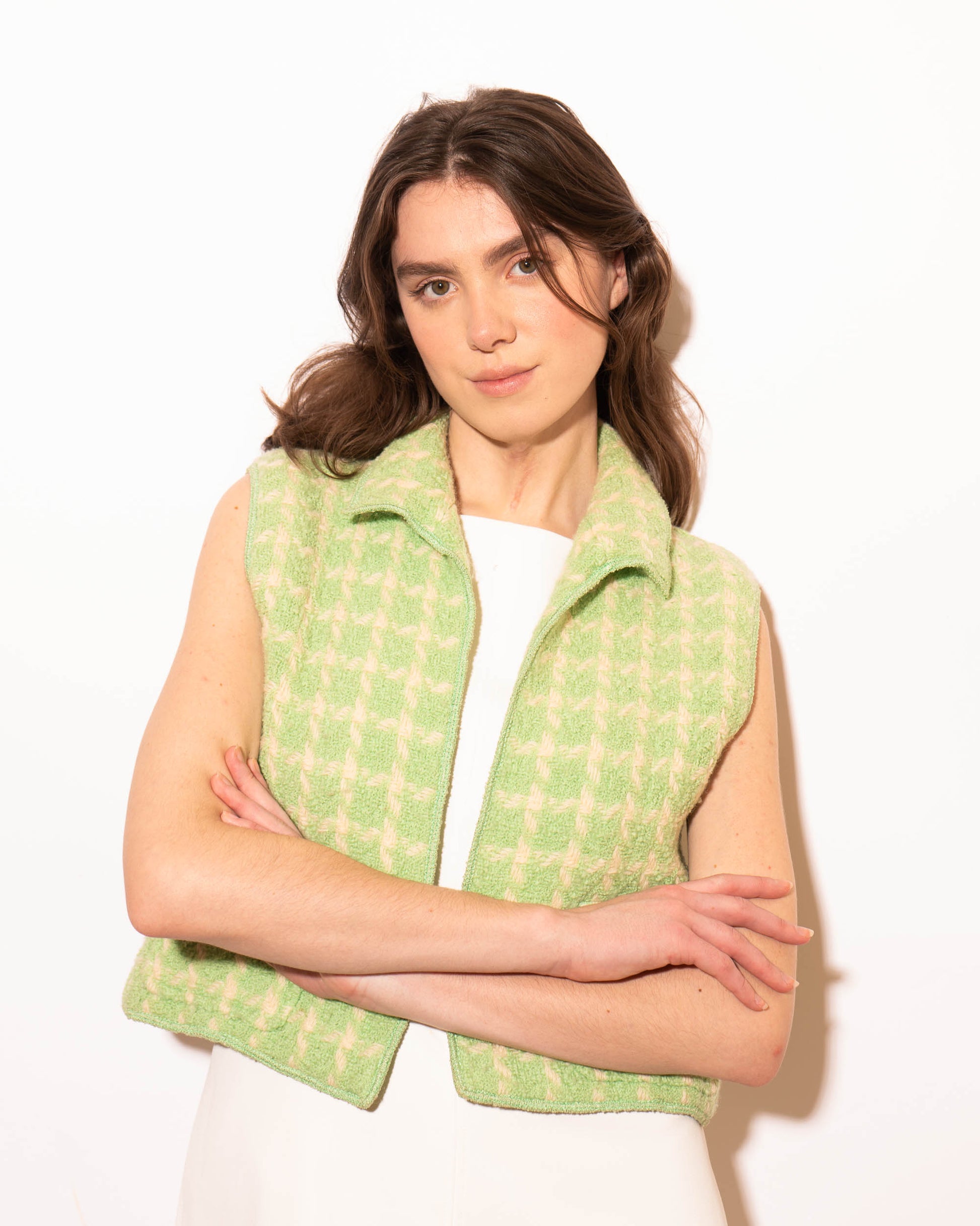 FR36-38 Rare Chanel Spring 1996 Two Pocket Green and Off White Wool Vest - Vintage Chanel Jacket -   - Rarchive.
