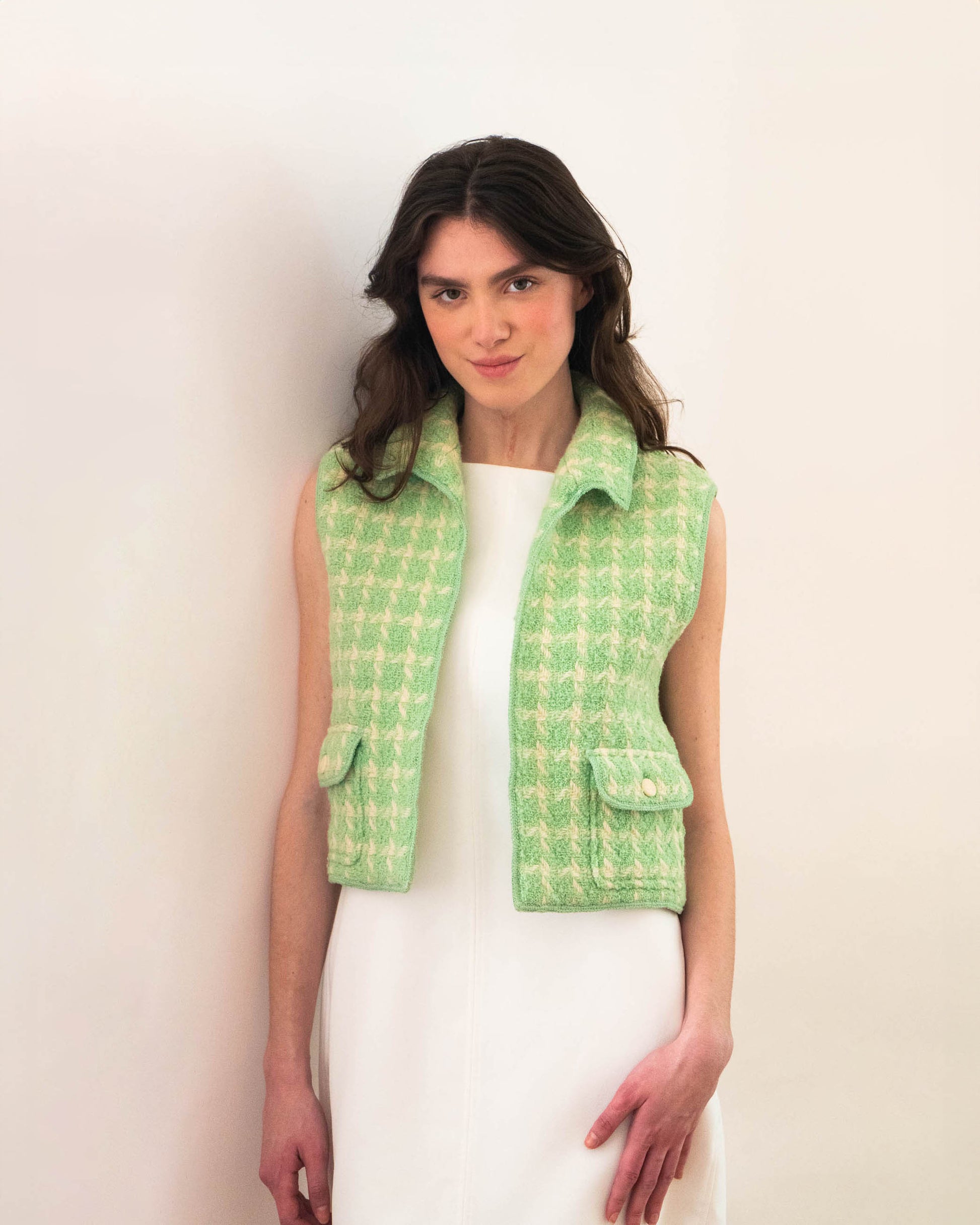 FR36-38 Rare Chanel Spring 1996 Two Pocket Green and Off White Wool Vest - Vintage Chanel Jacket -   - Rarchive.