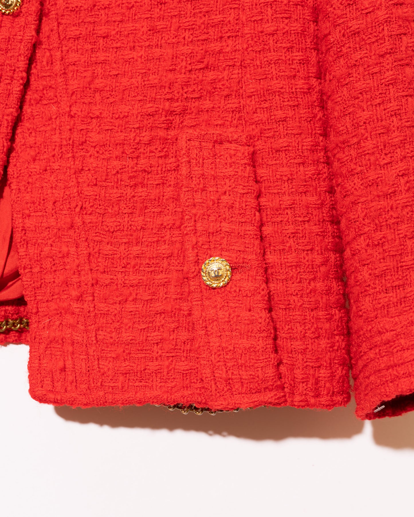 FR38-40 Rare Chanel Spring 1989 Four Pocket Collarless Bright Red Tweed Jacket