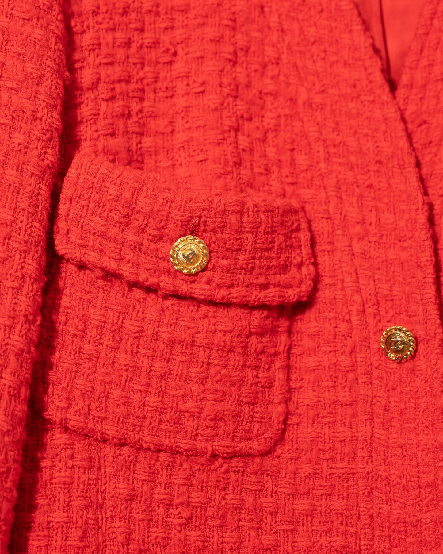 FR38-40 Rare Chanel Spring 1989 Four Pocket Collarless Bright Red Tweed Jacket