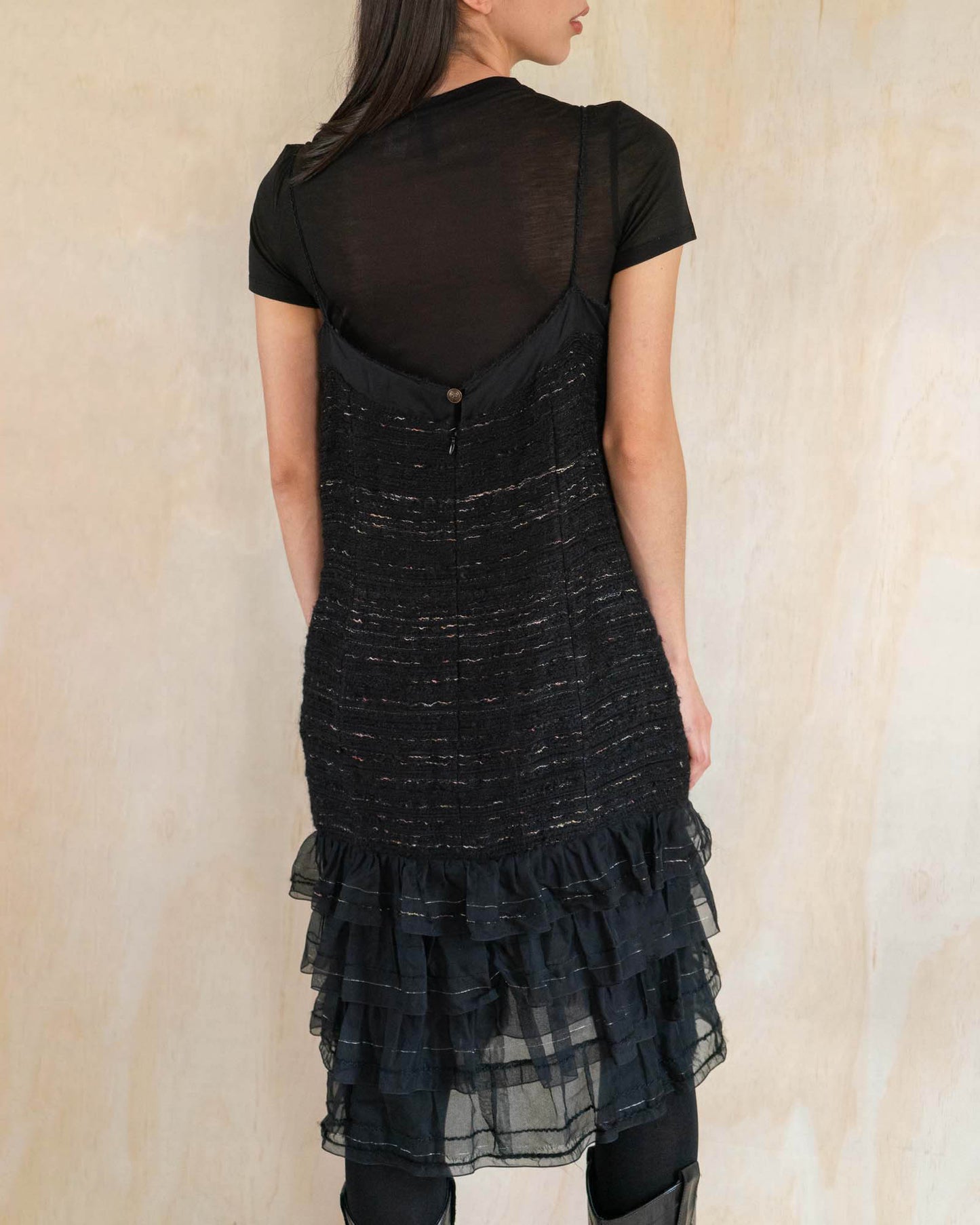 FR42-44 Chanel Fall 2004 Tweed Slip Dress with Tiered Organza Hem
