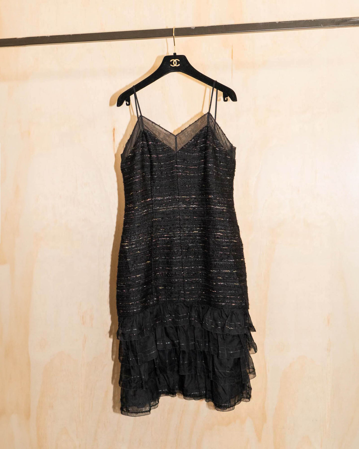 FR42-44 Chanel Fall 2004 Tweed Slip Dress with Tiered Organza Hem