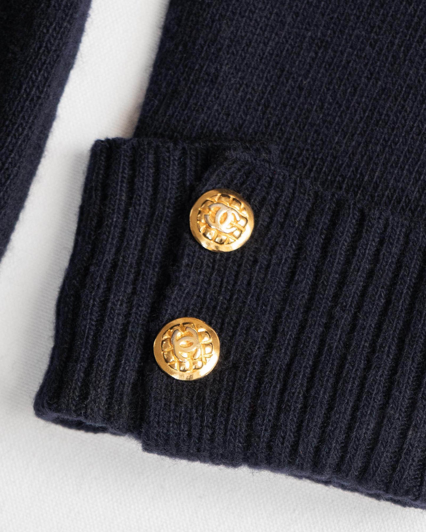 FR34-38 Chanel Fall 1990 Two Pocket Double Breasted Navy Cashmere Cardigan