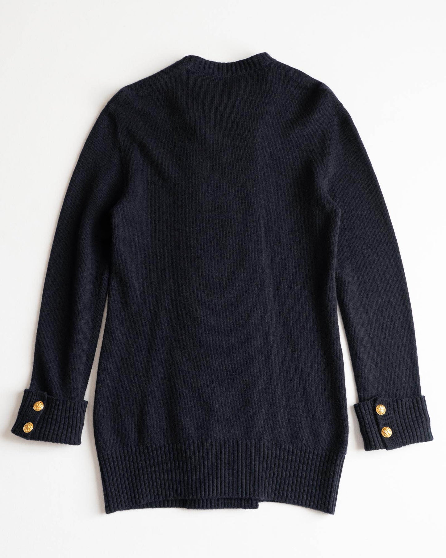 FR34-38 Chanel Fall 1990 Two Pocket Double Breasted Navy Cashmere Cardigan