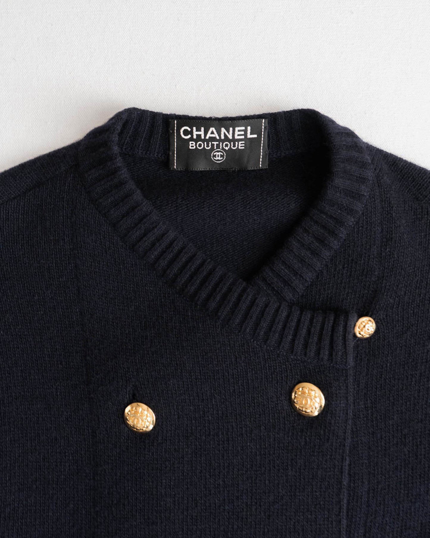 FR34-38 Chanel Fall 1990 Two Pocket Double Breasted Navy Cashmere Cardigan