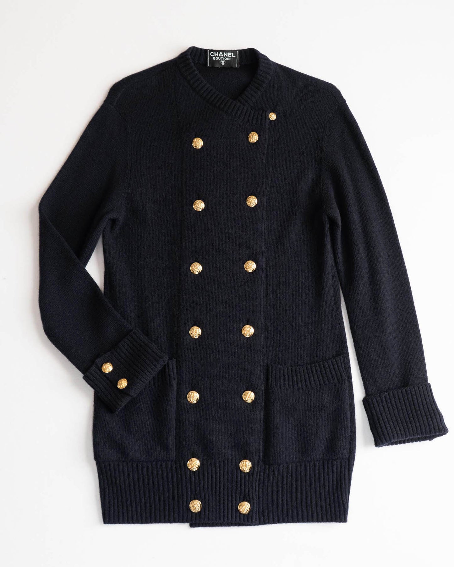 FR34-38 Chanel Fall 1990 Two Pocket Double Breasted Navy Cashmere Cardigan