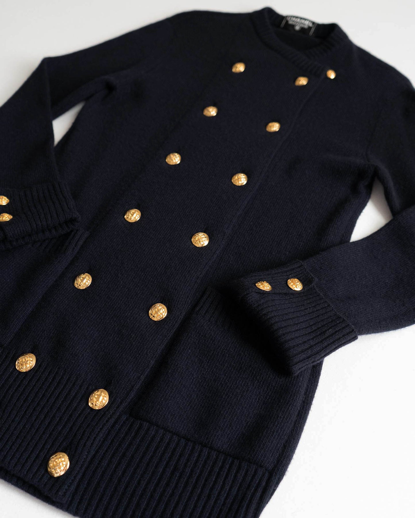 FR34-38 Chanel Fall 1990 Two Pocket Double Breasted Navy Cashmere Cardigan