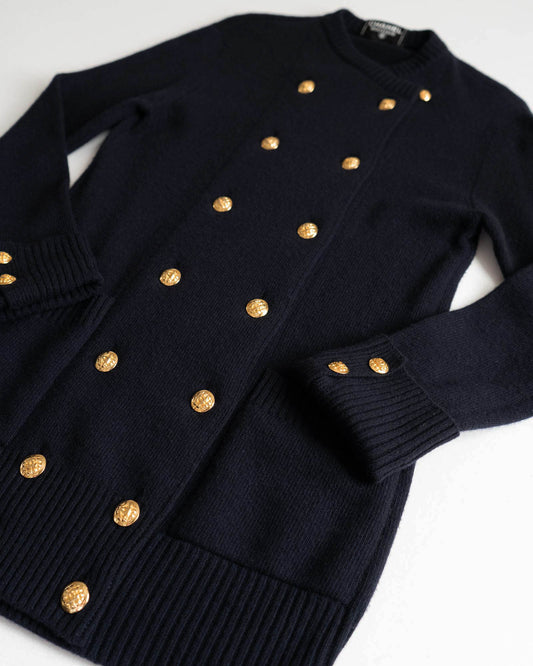 FR34-38 Chanel Fall 1990 Two Pocket Double Breasted Navy Cashmere Cardigan