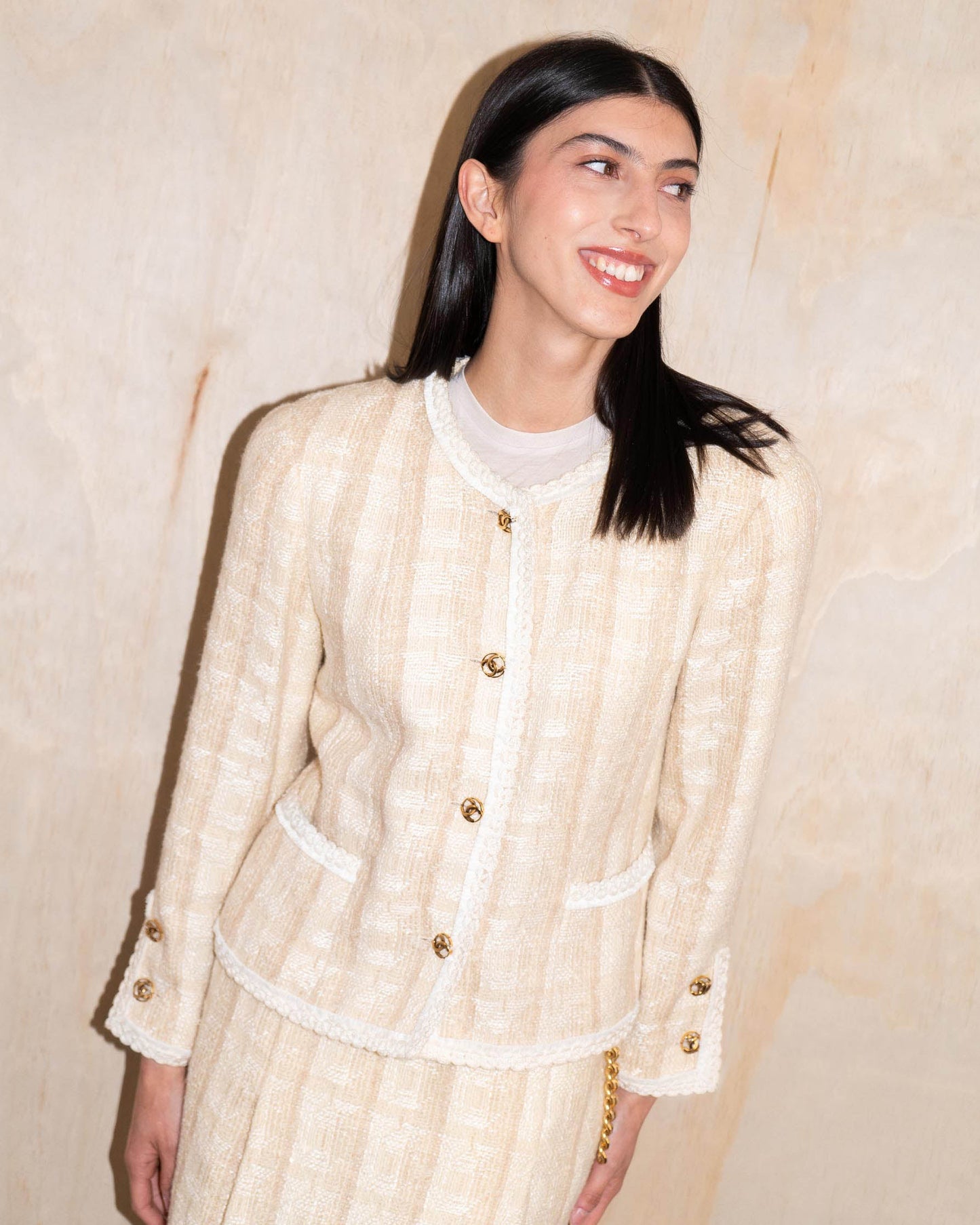 FR36-38 Rare Chanel Early 1980s Classic Collarless Four Pocket Wool Tweed Skirt Suit