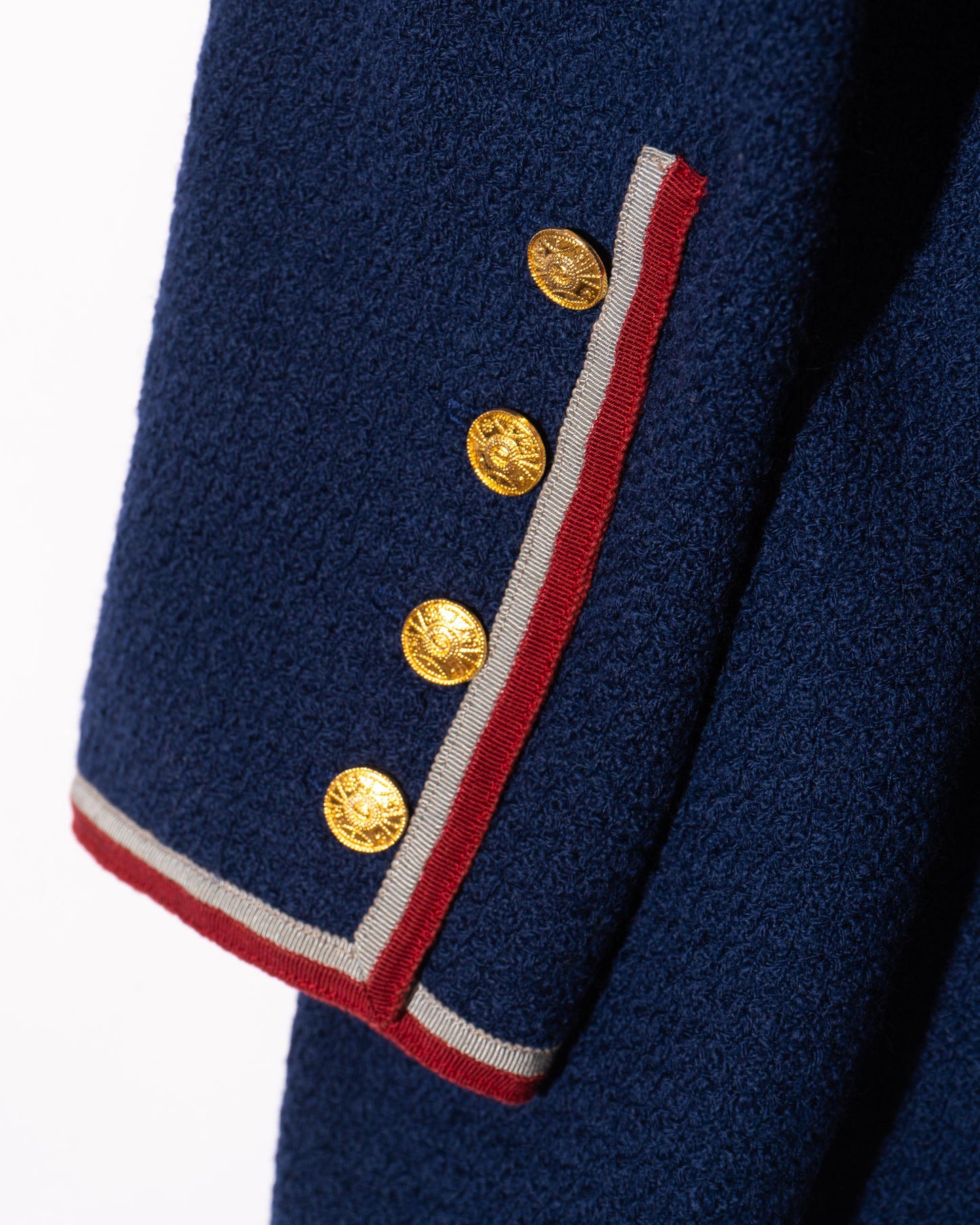 FR38-40 Chanel Fall 1989 Double Breasted Nautical Style Four Pocket Red and Grey Trim Wool Jacket