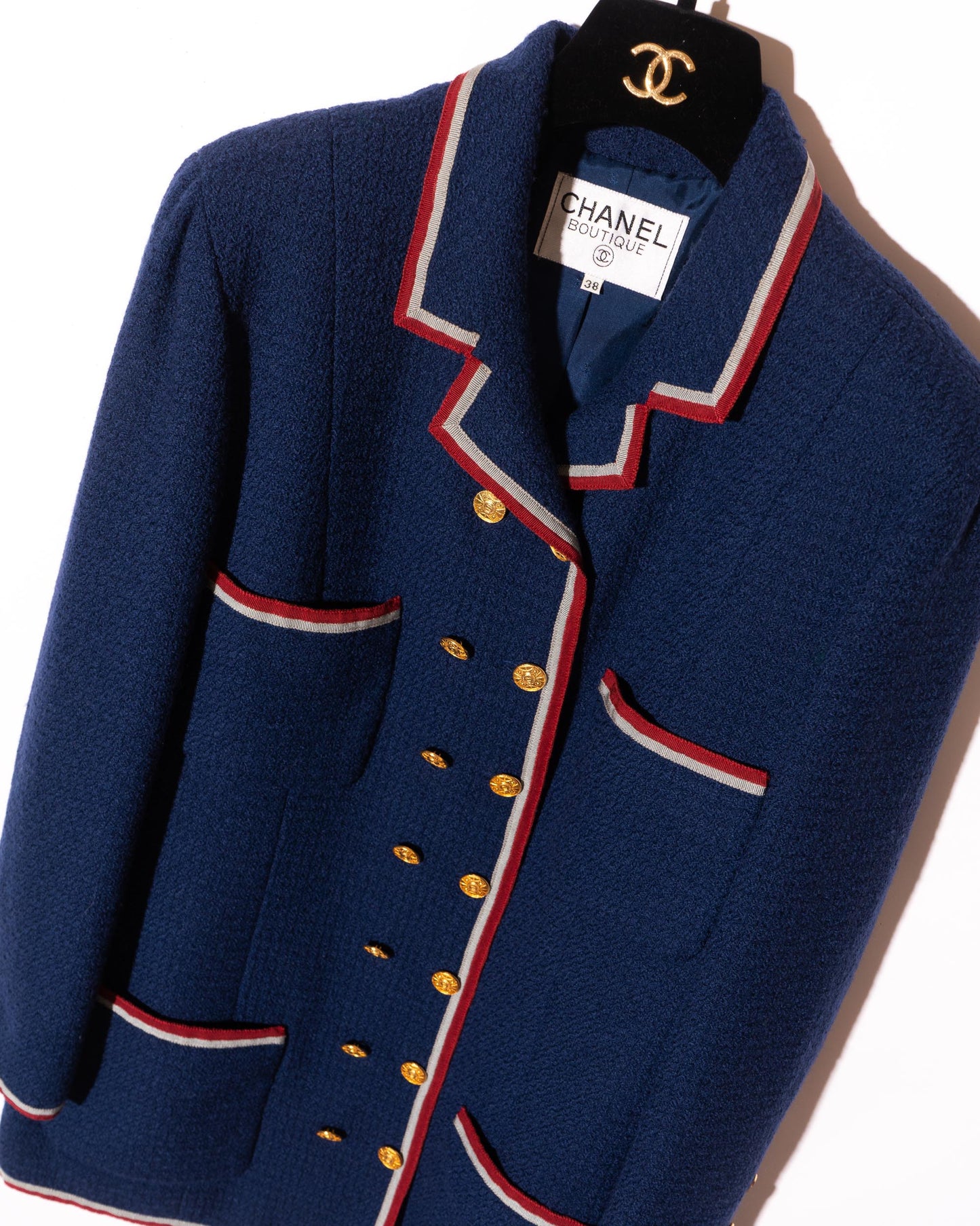 FR38-40 Chanel Fall 1989 Double Breasted Nautical Style Four Pocket Red and Grey Trim Wool Jacket