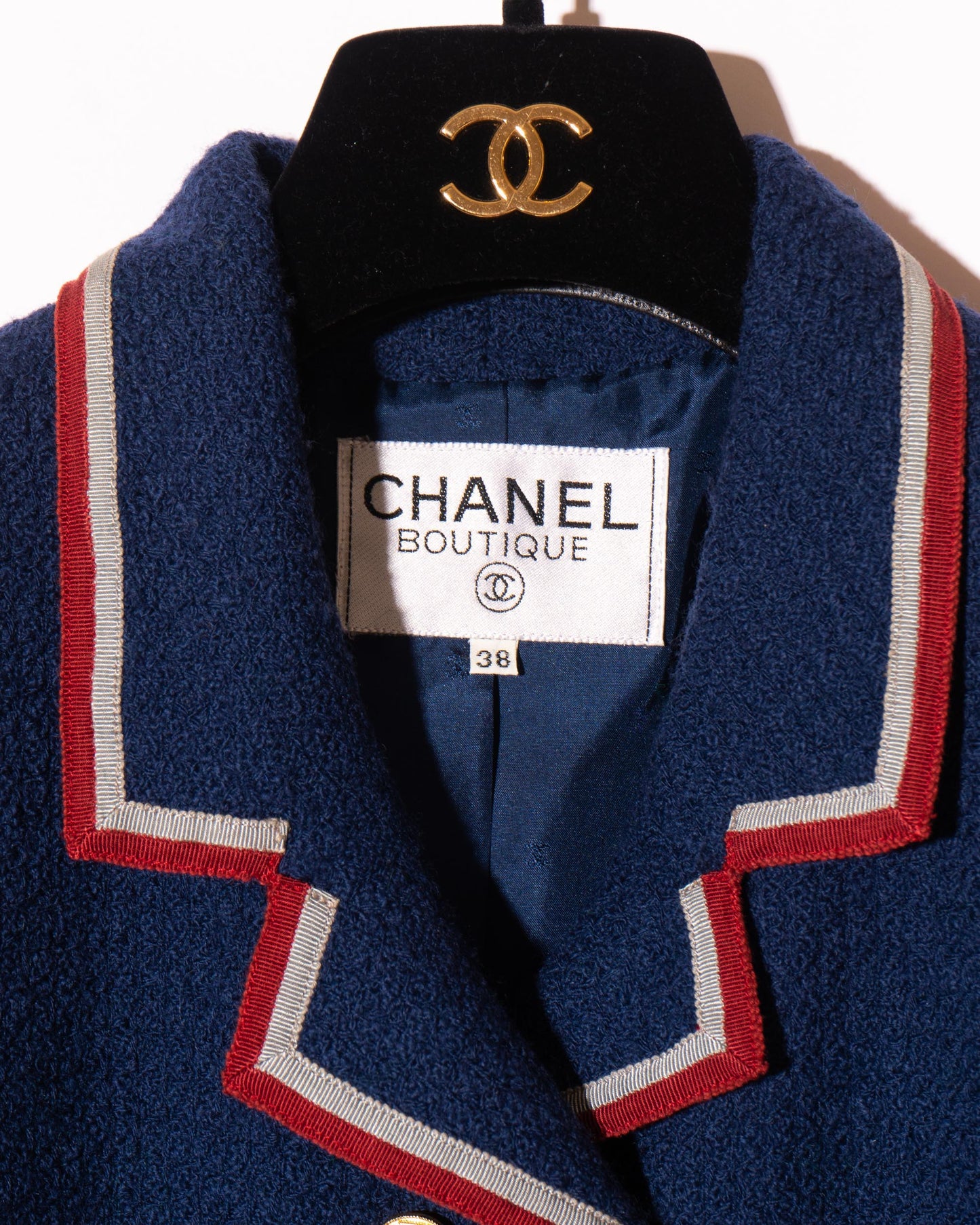 FR38-40 Chanel Fall 1989 Double Breasted Nautical Style Four Pocket Red and Grey Trim Wool Jacket