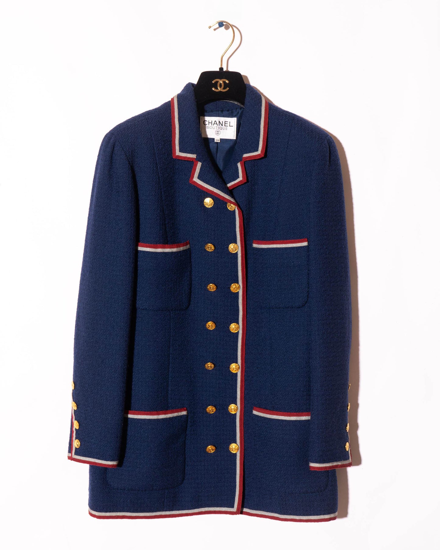 FR38-40 Chanel Fall 1989 Double Breasted Nautical Style Four Pocket Red and Grey Trim Wool Jacket