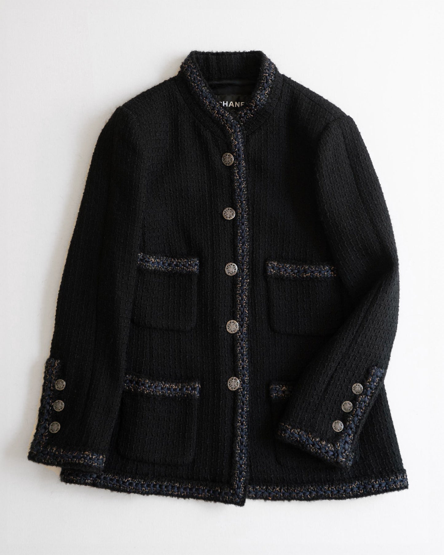 FR38-40 Chanel Pre-Fall 2010 Paris-Shanghai Classic Four Pocket High Collar Black Tweed Jacket