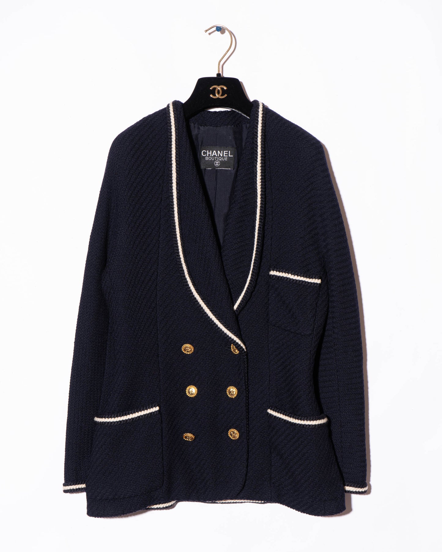 FR38-40 Chanel Fall 1988 Double Breasted Contrasting Trim Dark Navy Wool Tweed Jacket