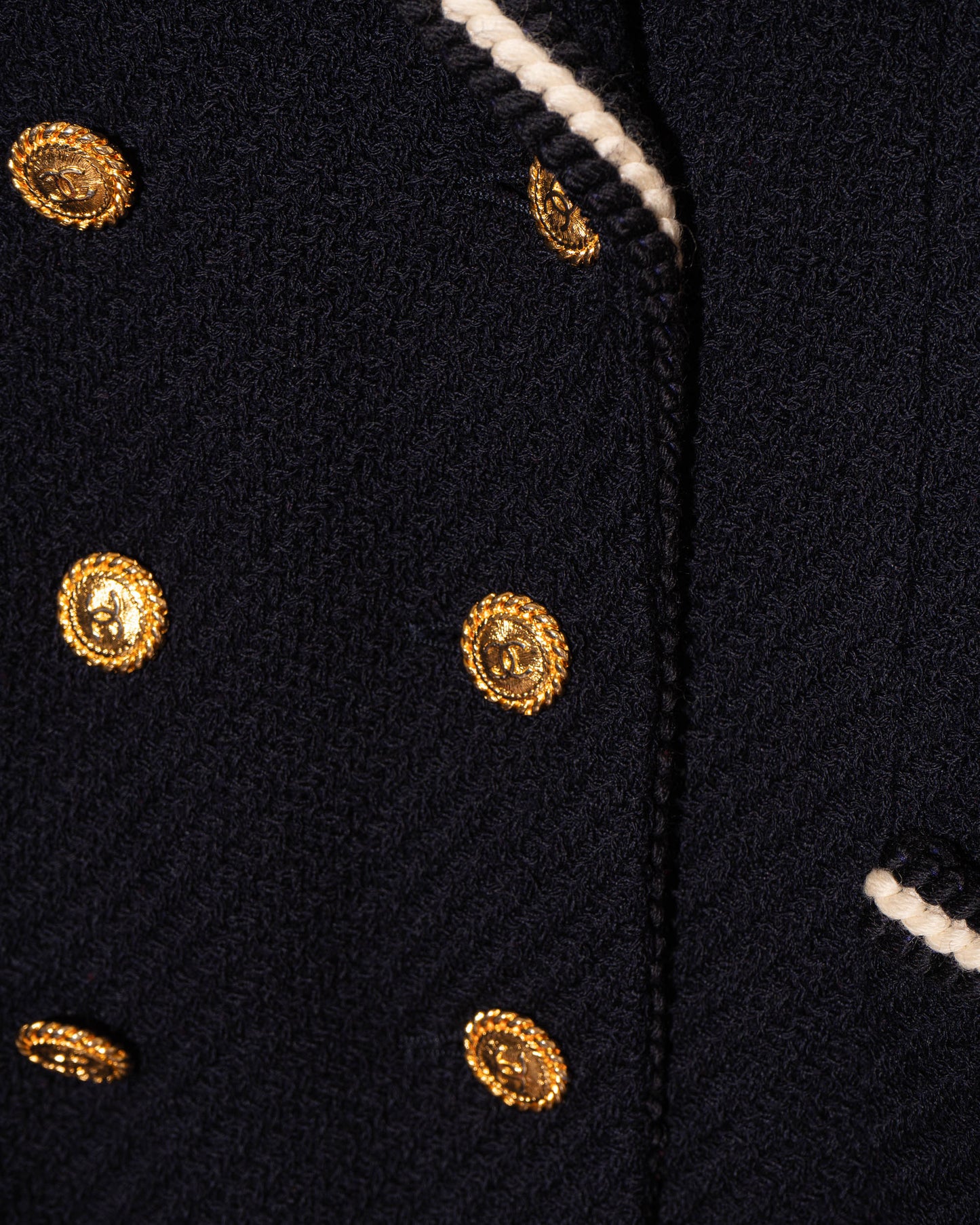 FR38-40 Chanel Fall 1988 Double Breasted Contrasting Trim Dark Navy Wool Tweed Jacket