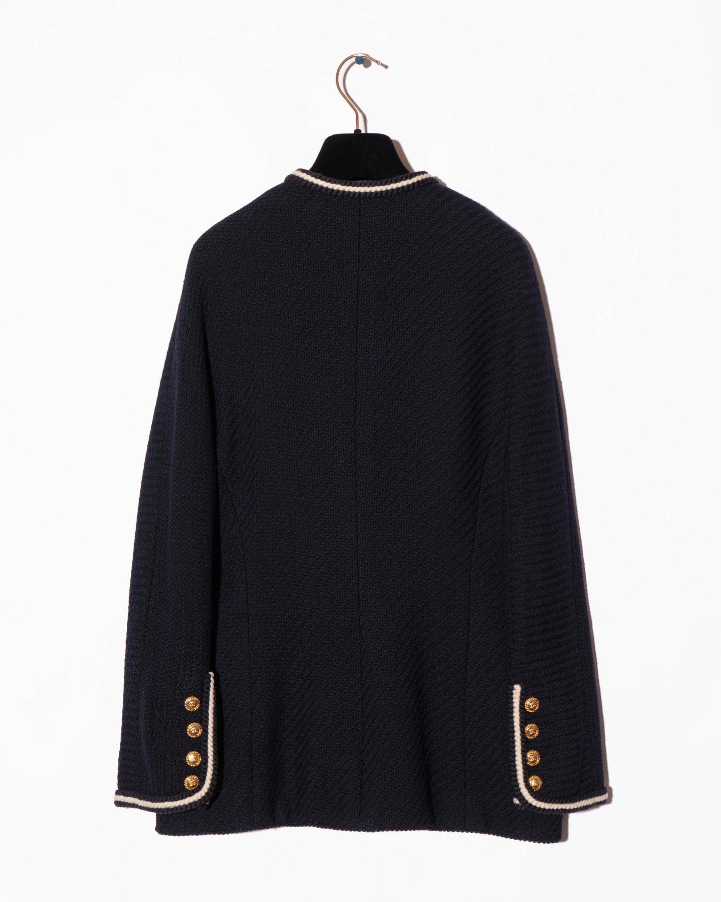 FR38-40 Chanel Fall 1988 Double Breasted Contrasting Trim Dark Navy Wool Tweed Jacket