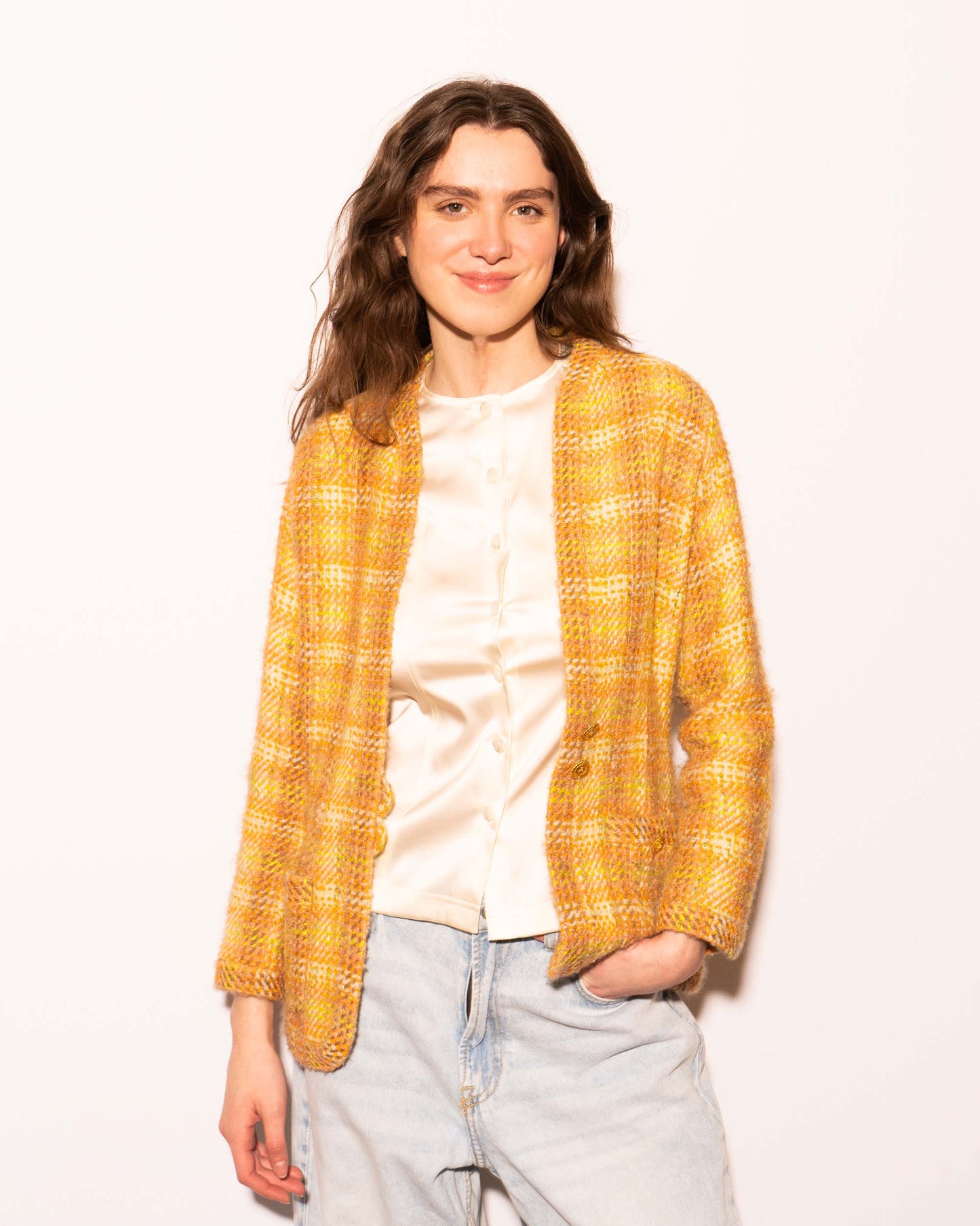 FR36-38 Chanel Fall 1989 Two Pocket Collarless Multicolor Wool Tweed Jacket