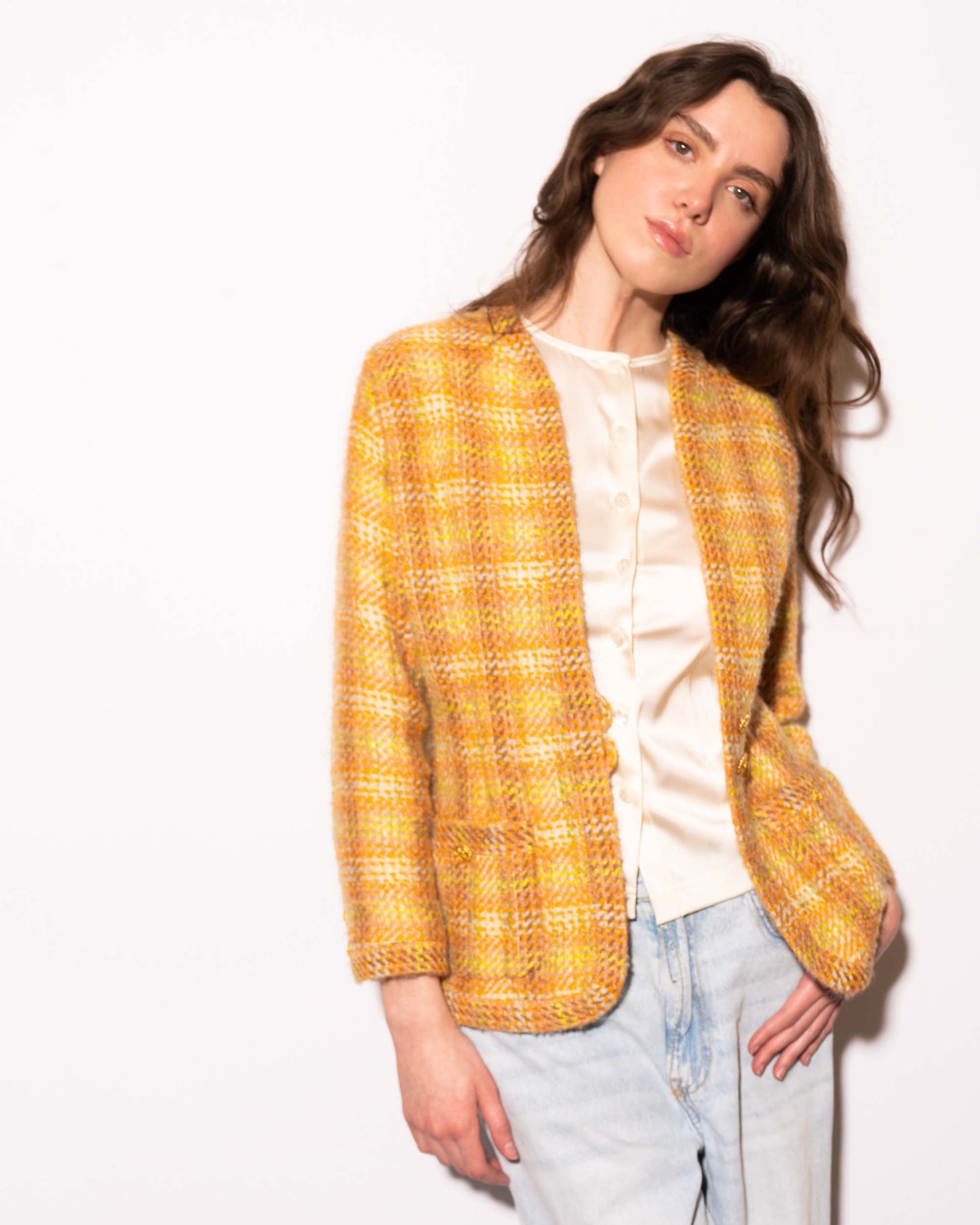 FR36-38 Chanel Fall 1989 Two Pocket Collarless Multicolor Wool Tweed Jacket