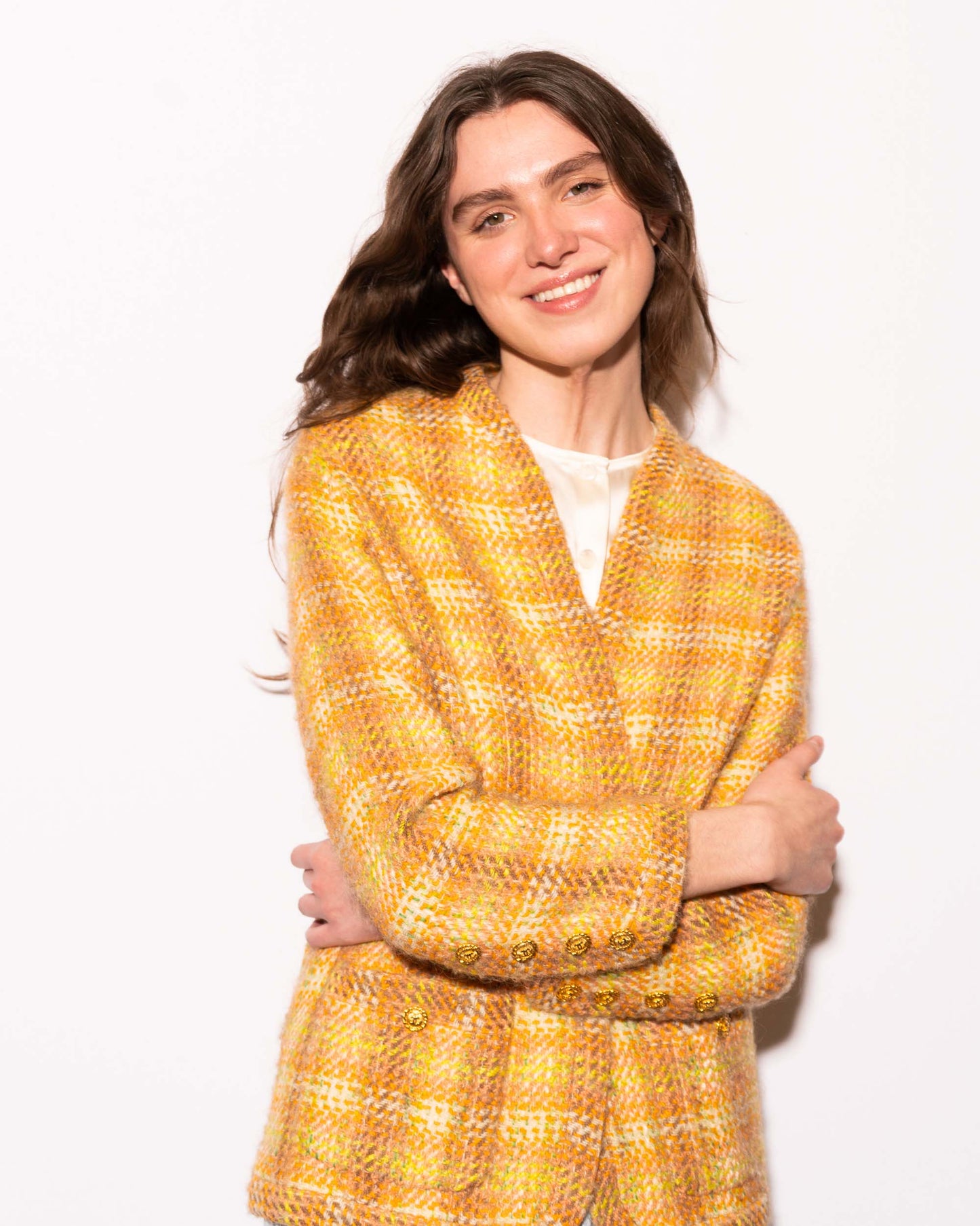 FR36-38 Chanel Fall 1989 Two Pocket Collarless Multicolor Wool Tweed Jacket