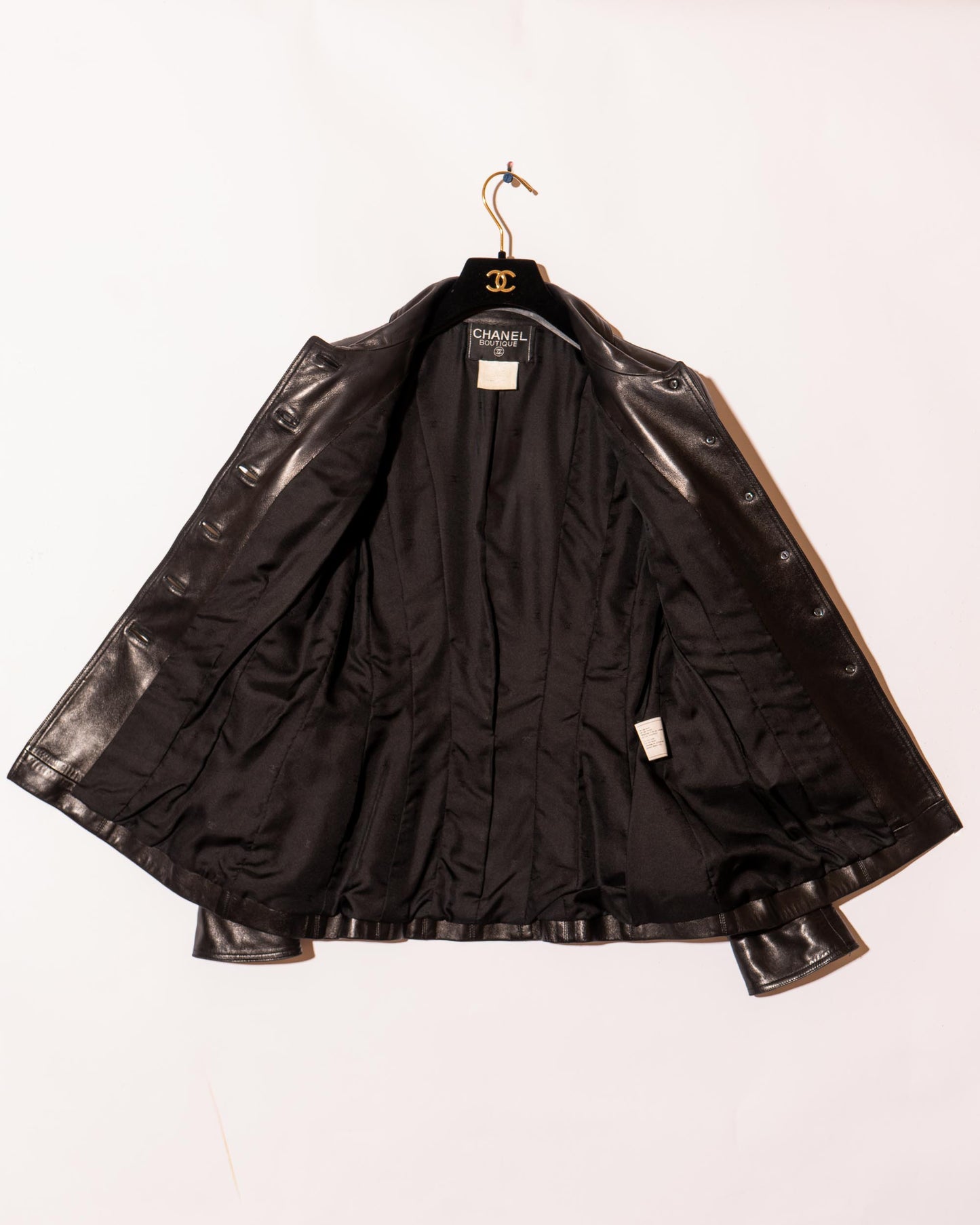 FR36-38 Rare Chanel Fall 1995 Four Pocket Fitted Multipanel Cut Black Lambskin Jacket